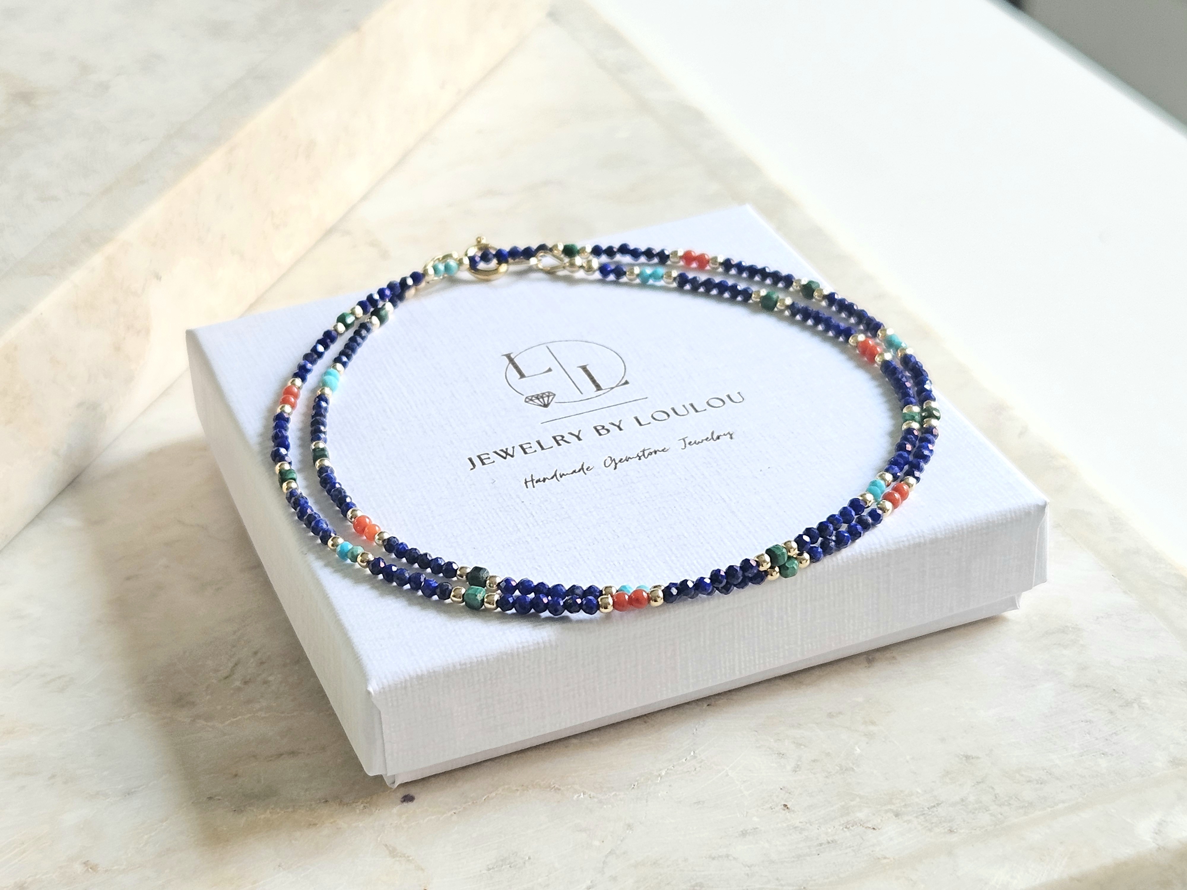 Lapis Lazuli, Koraal, Turkoois en Malachiet ketting, 14k goldfilled - 925 sterling zilver