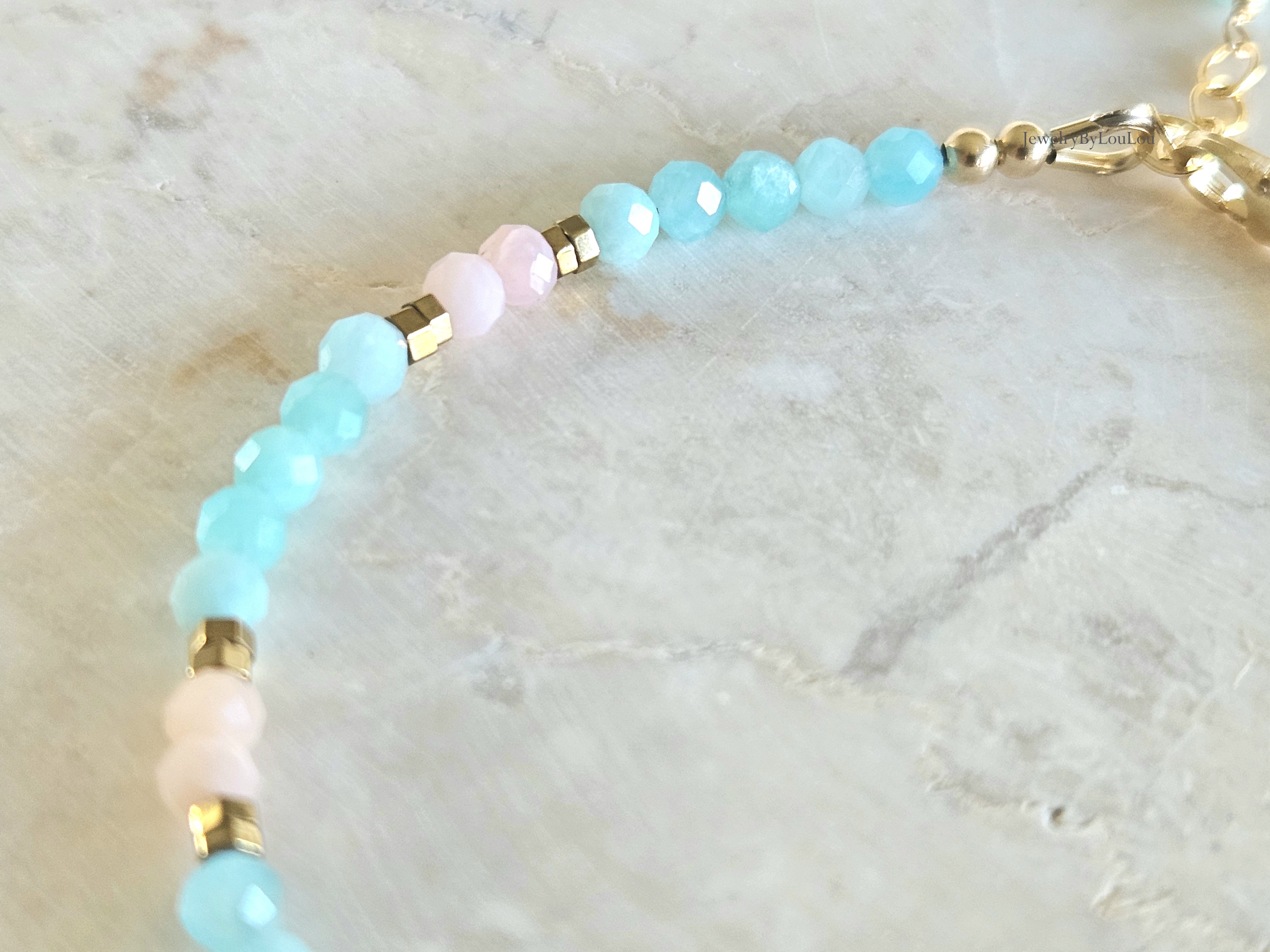 Amazoniet  en roze Opaal kralen armband, 14k goldfilled - 925 sterling zilver