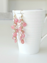 Rhodochrosiet en Herkimer diamanten cluster oorbellen 14k goldfilled 925 sterling zilver