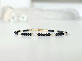 Zwarte Onyx en herkimer diamanten kralen armband, 14k goldfilled - 925 sterling zilver