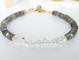 Labradoriet en Herkimer diamant edelstenen kralen armband ,  925 sterling zilver - 14k goldfilled