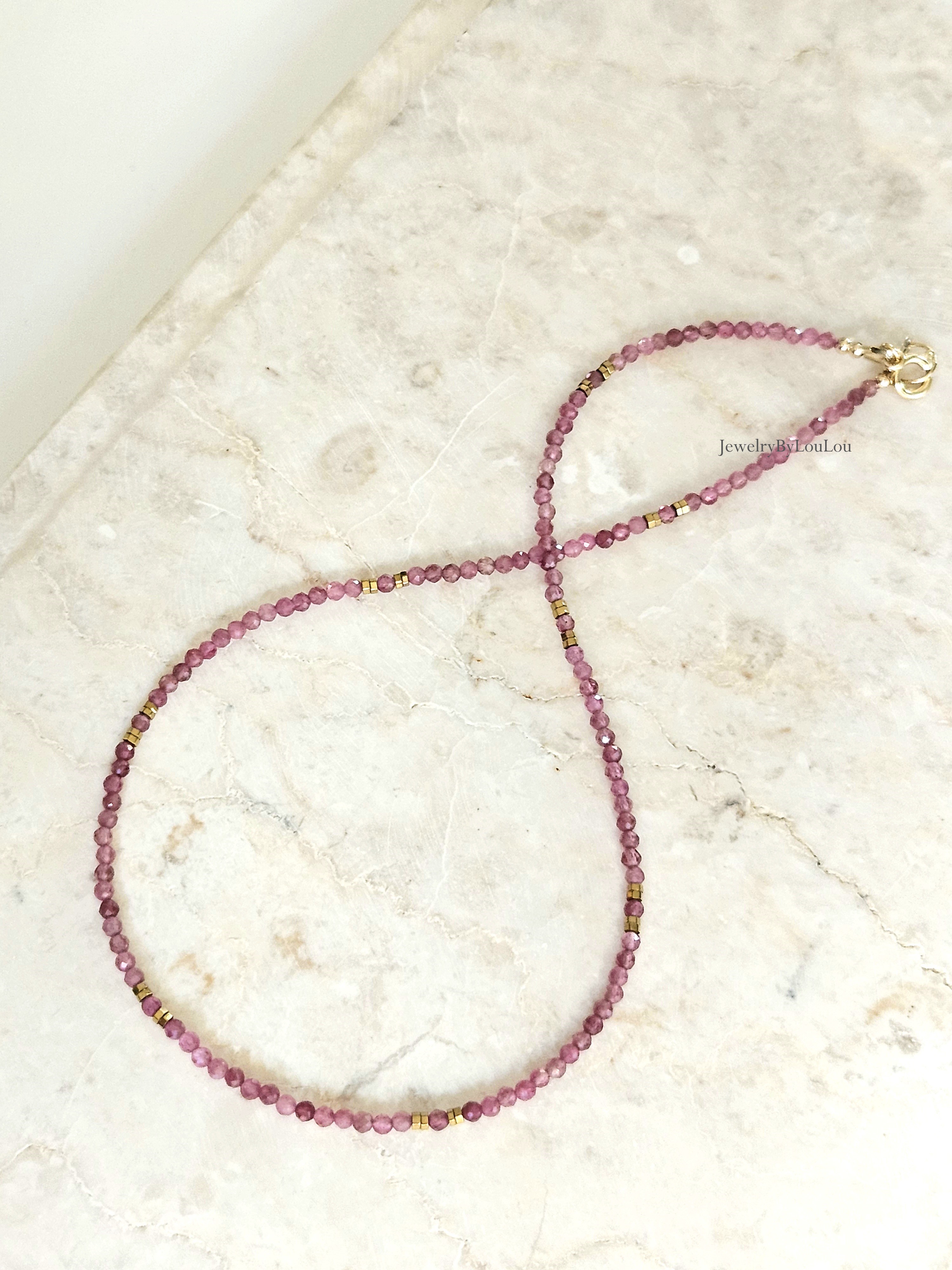 Pink Tourmaline beaded necklace, 14k goldfilled - 925 sterling silver