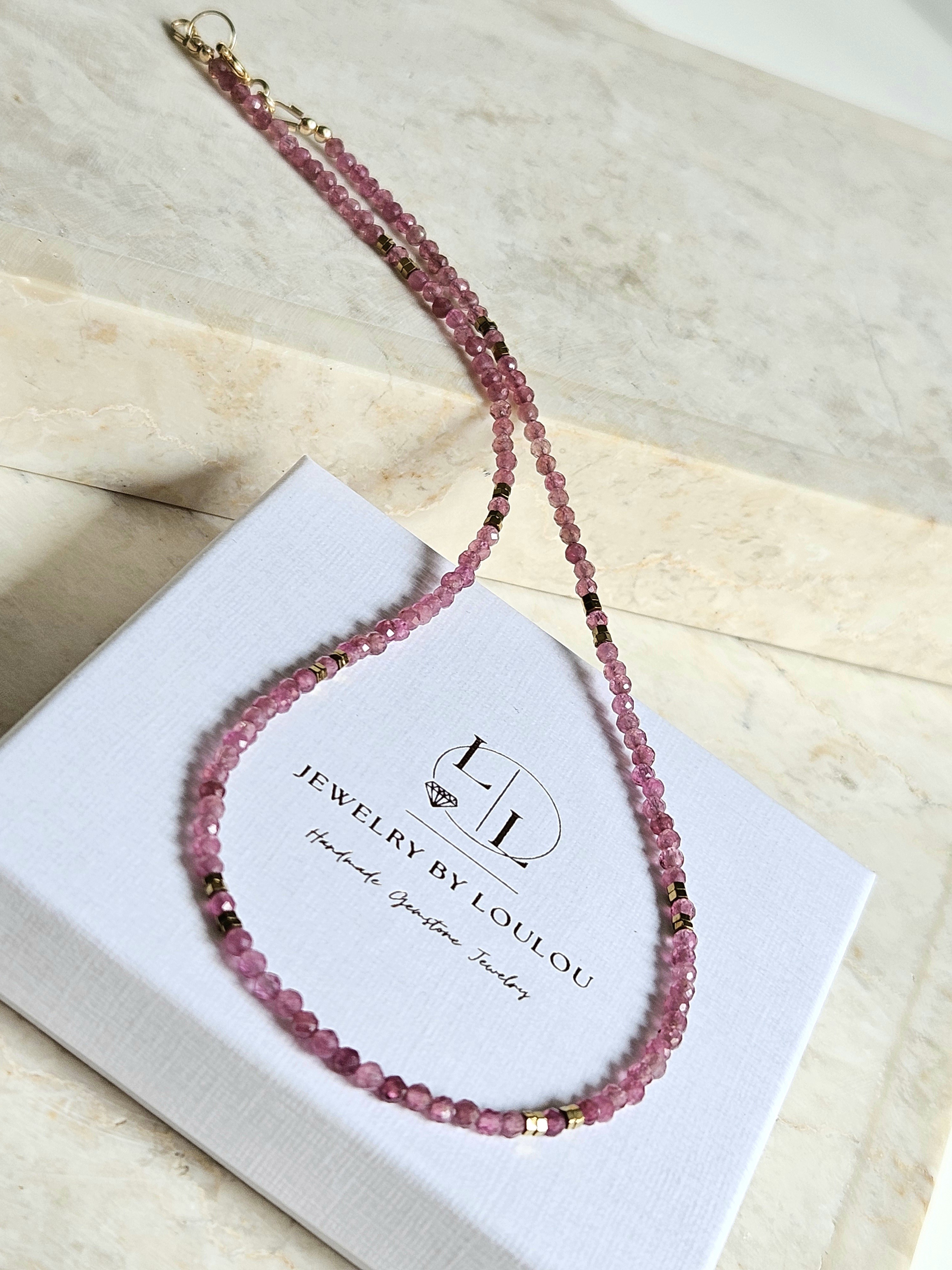 Pink Tourmaline beaded necklace, 14k goldfilled - 925 sterling silver