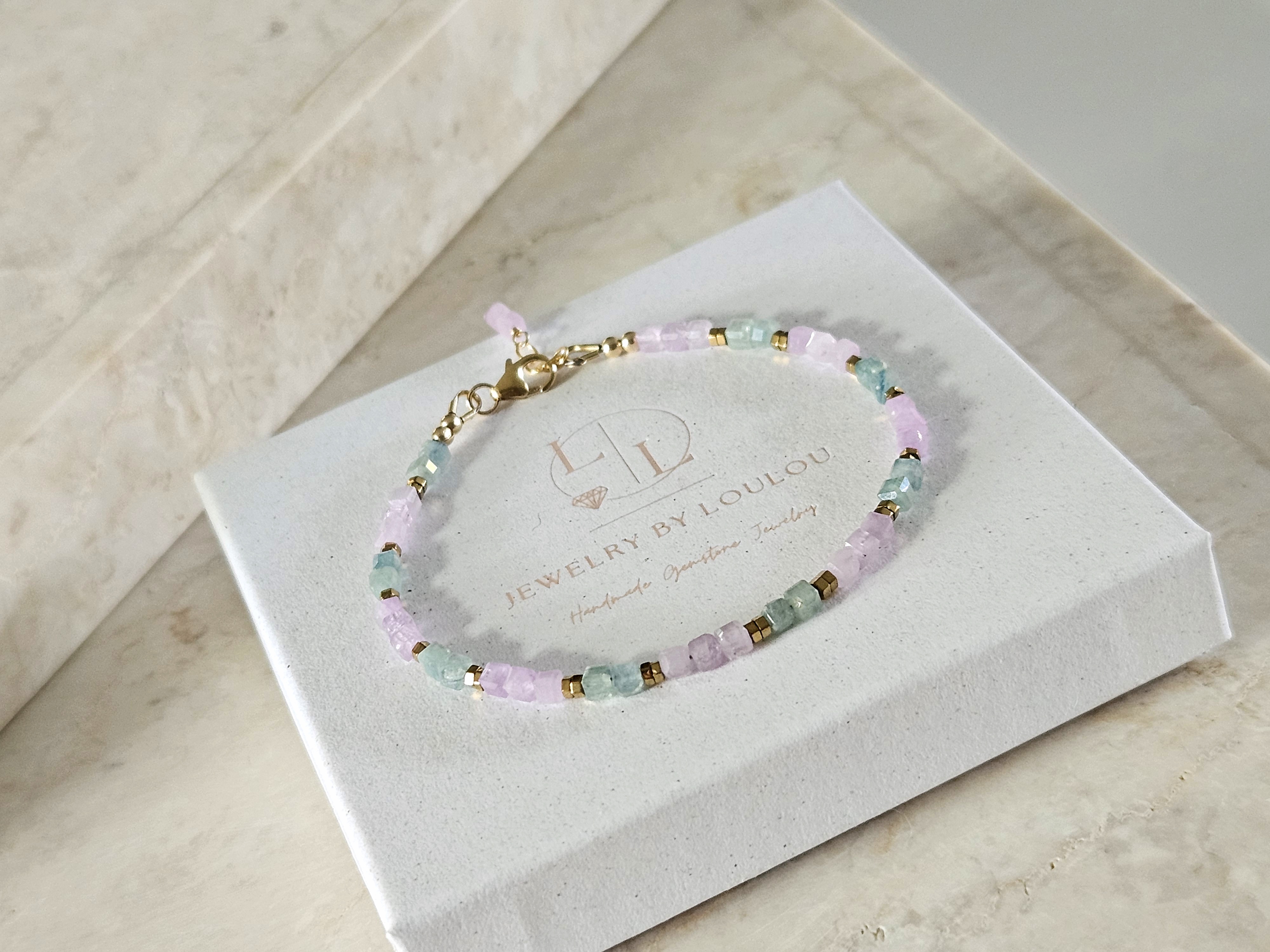 Kunziet en groen-blauwe Kyaniet kralen armband, 14k goldfilled & 925 sterling zilver