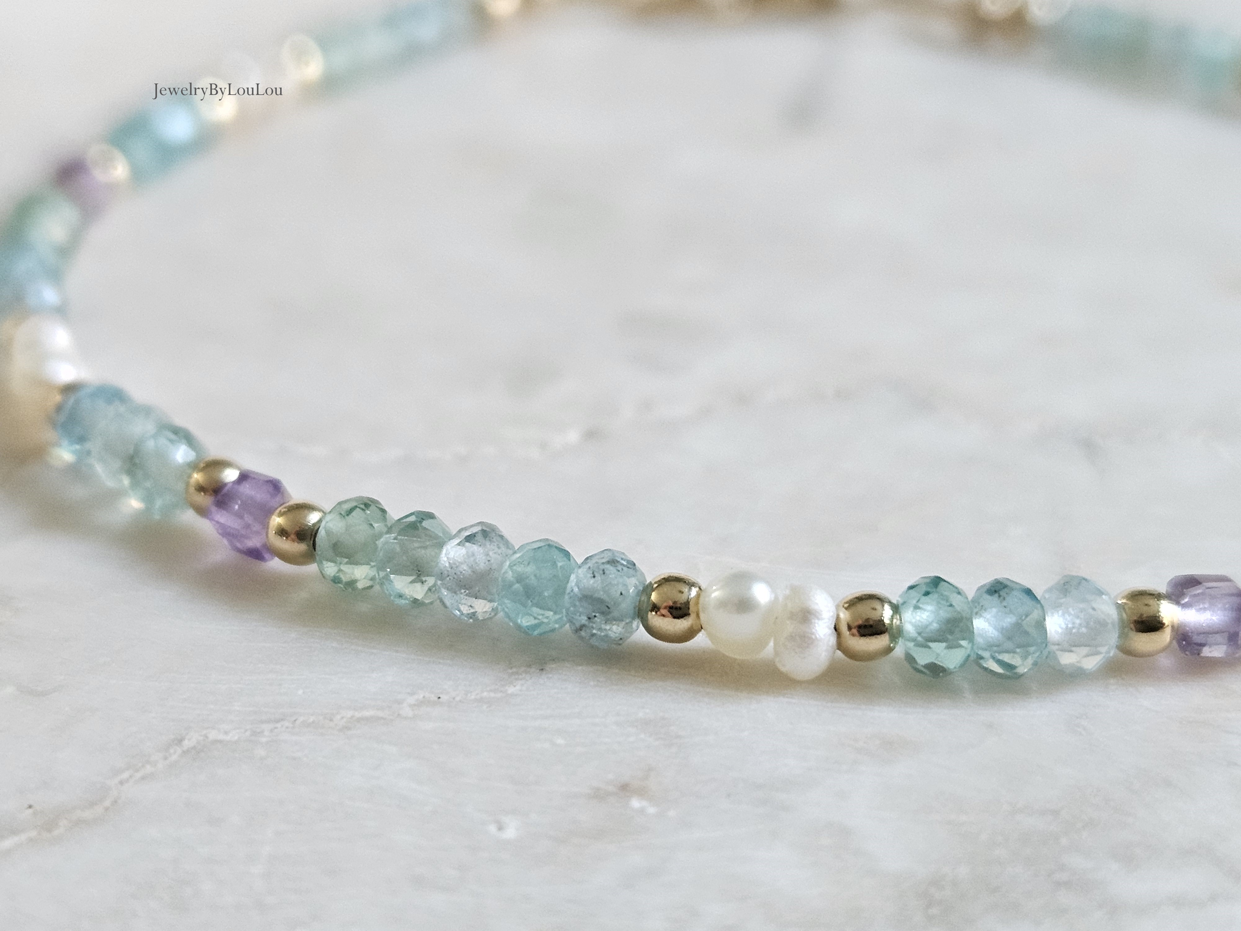 Apatiet, Amethist , Parel kralen armband, leverbaar 14k goldfilled - 925 sterling zilver