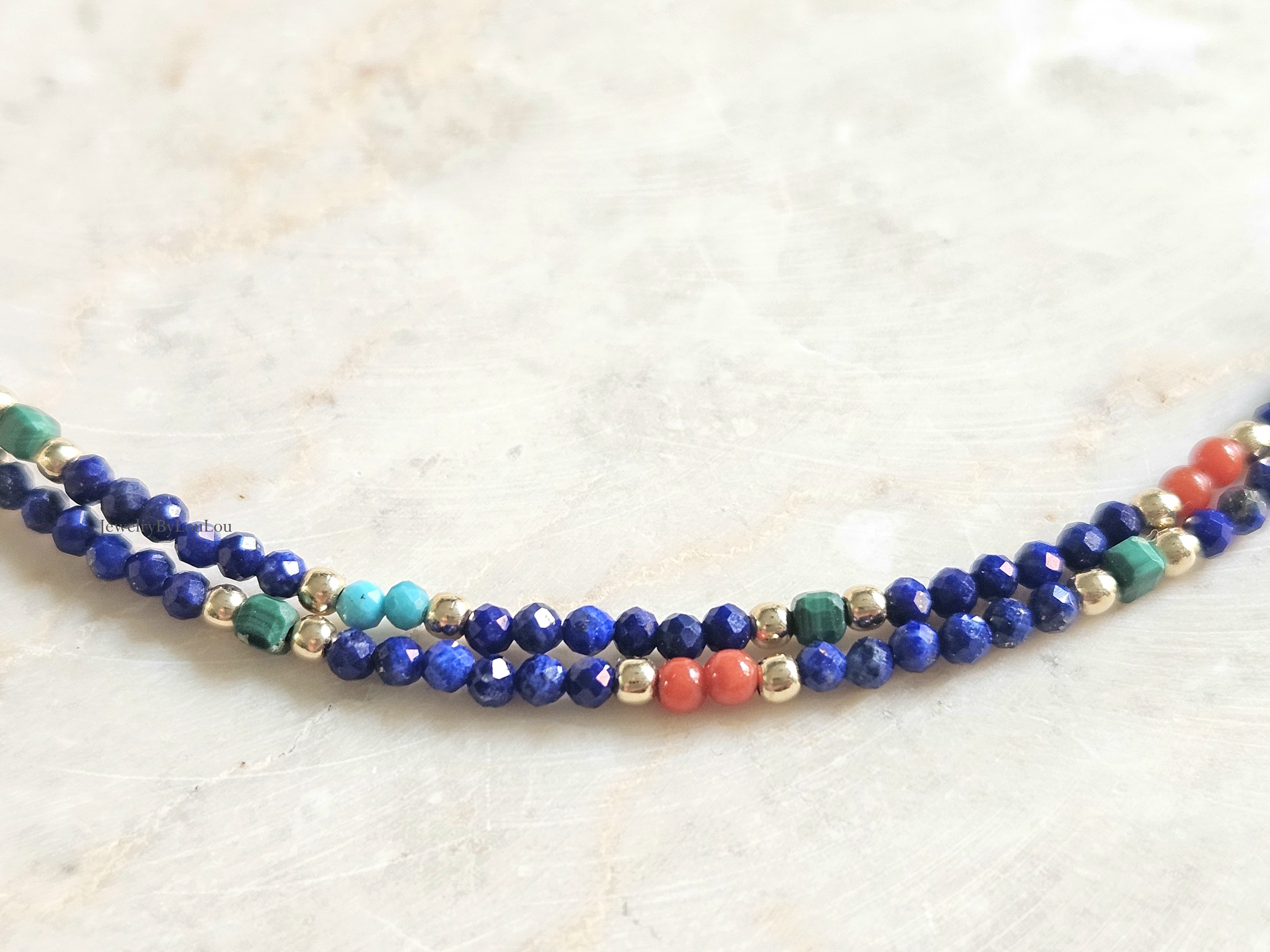Lapis Lazuli, Koraal, Turkoois en Malachiet ketting, 14k goldfilled - 925 sterling zilver