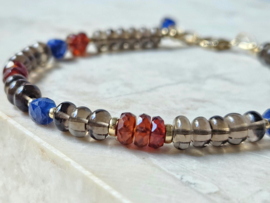 Rookkwarts, Kyaniet en  Granaat kralen armband, 14k goldfilled & 925 sterling zilver