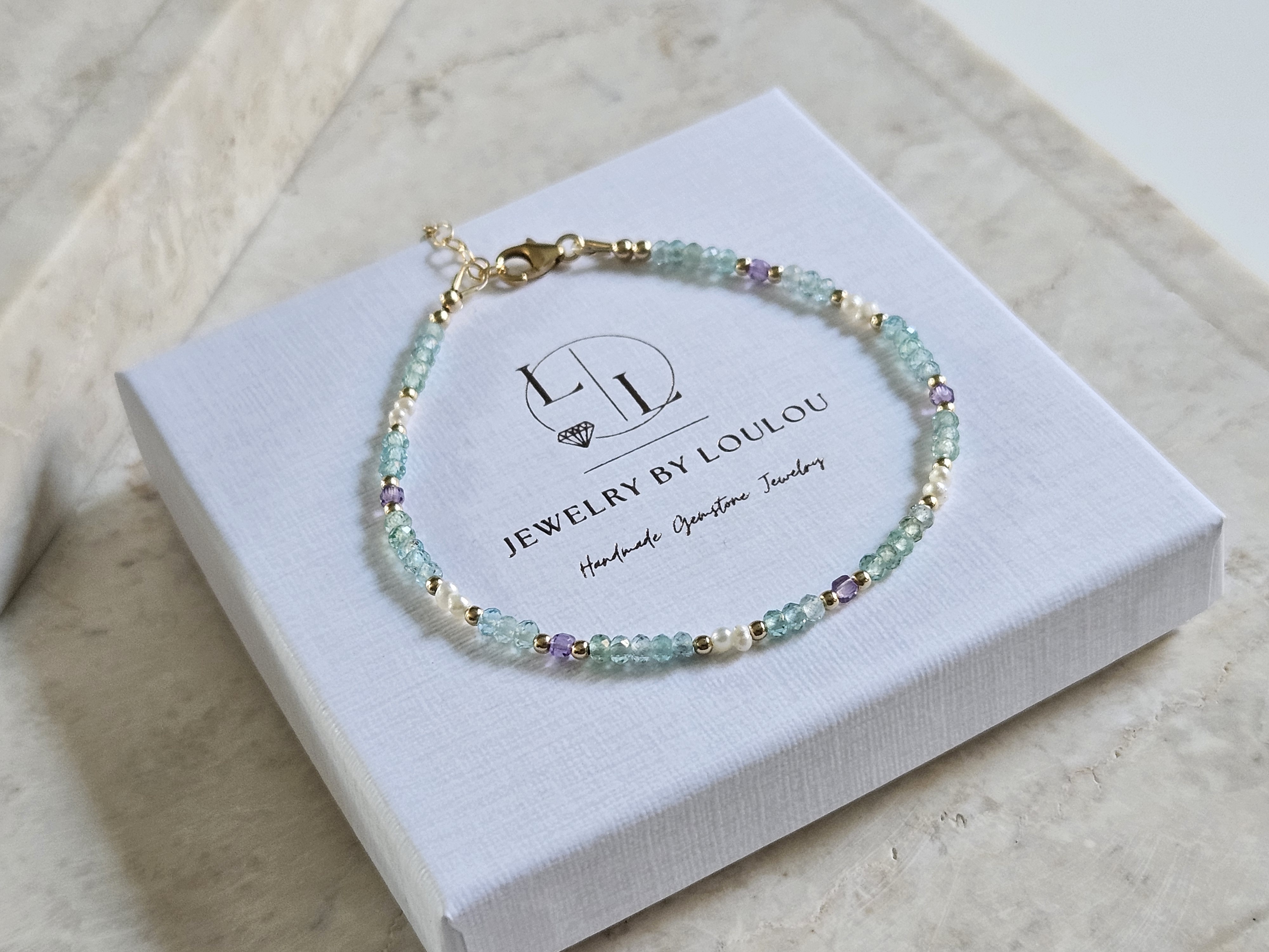 Apatiet, Amethist , Parel kralen armband, leverbaar 14k goldfilled - 925 sterling zilver