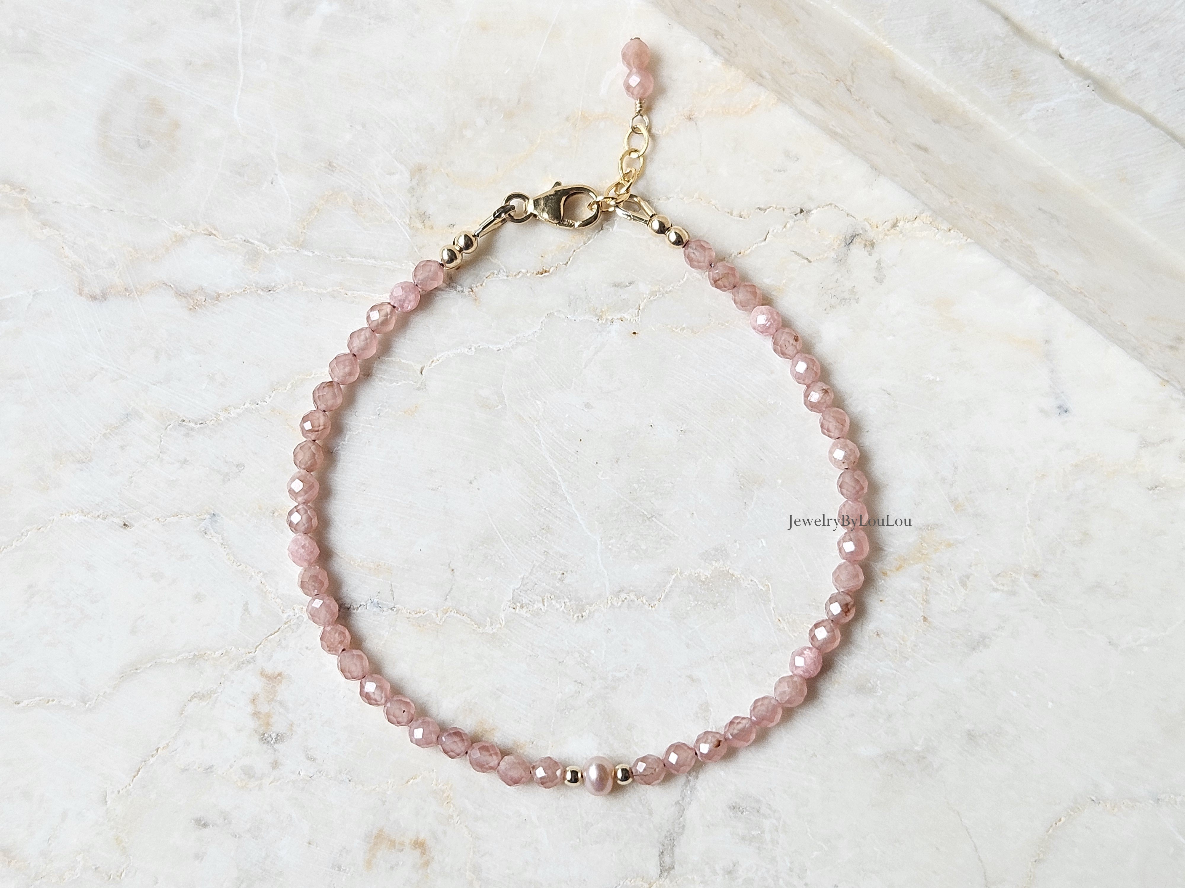 Rhodochrosiet en zoetwaterparel kralen armband, 14k goldfilled & 925 sterling zilver
