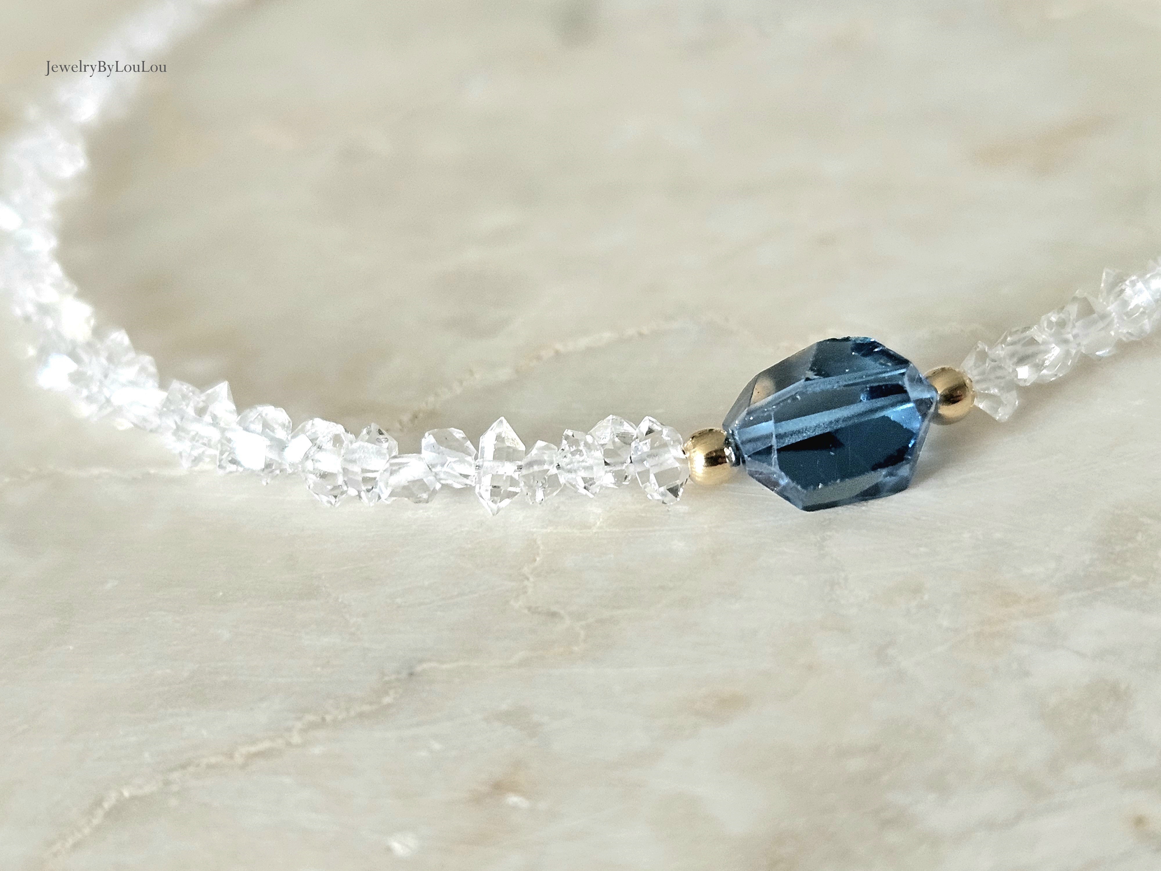 Herkimer diamanten en London Blue Topaas  kralen armband, leverbaar 14k goldfilled - 925 sterling zilver
