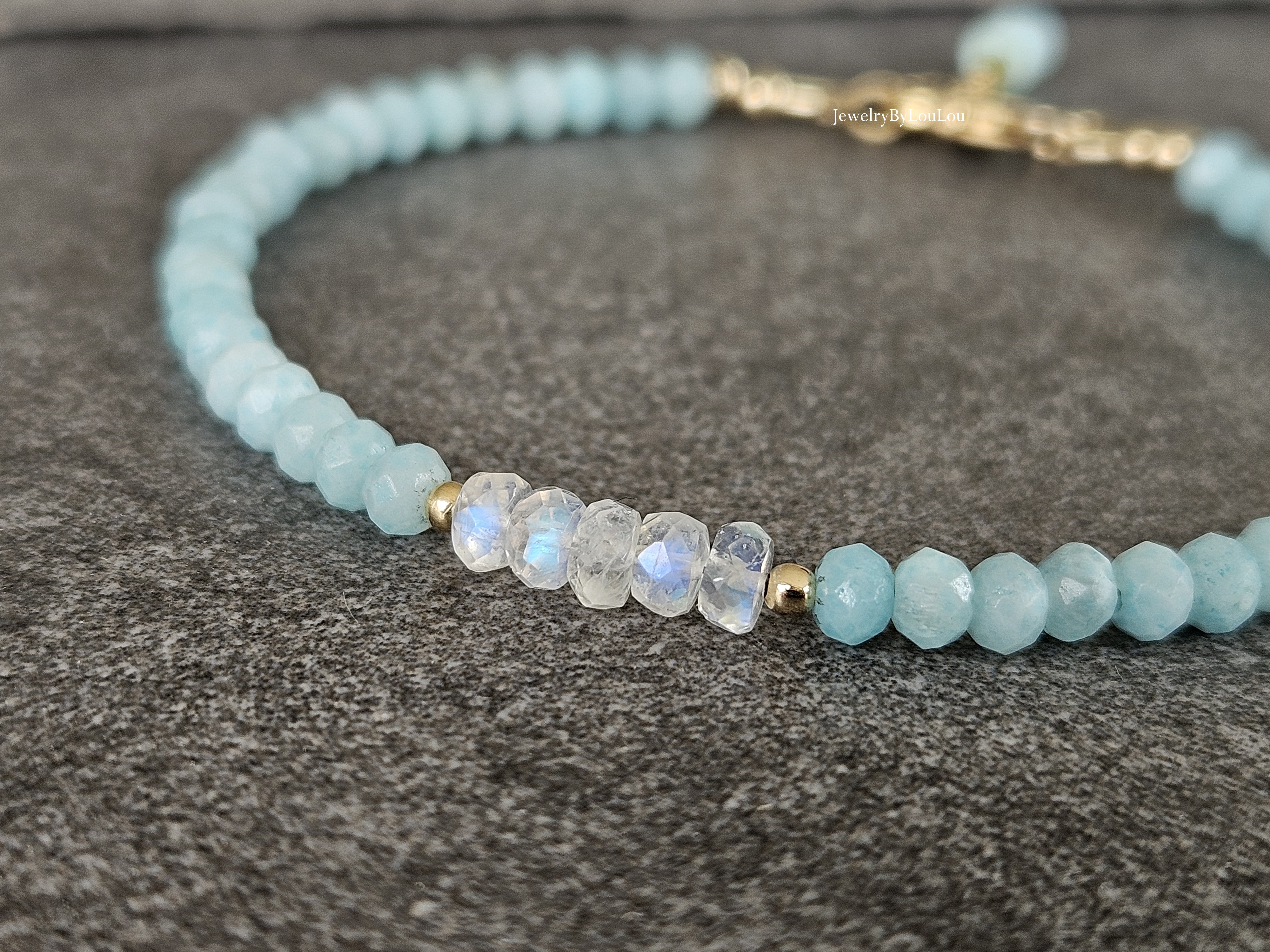 Larimar  en Maansteen kralen armband, 14k goldfilled & 925 sterling zilver