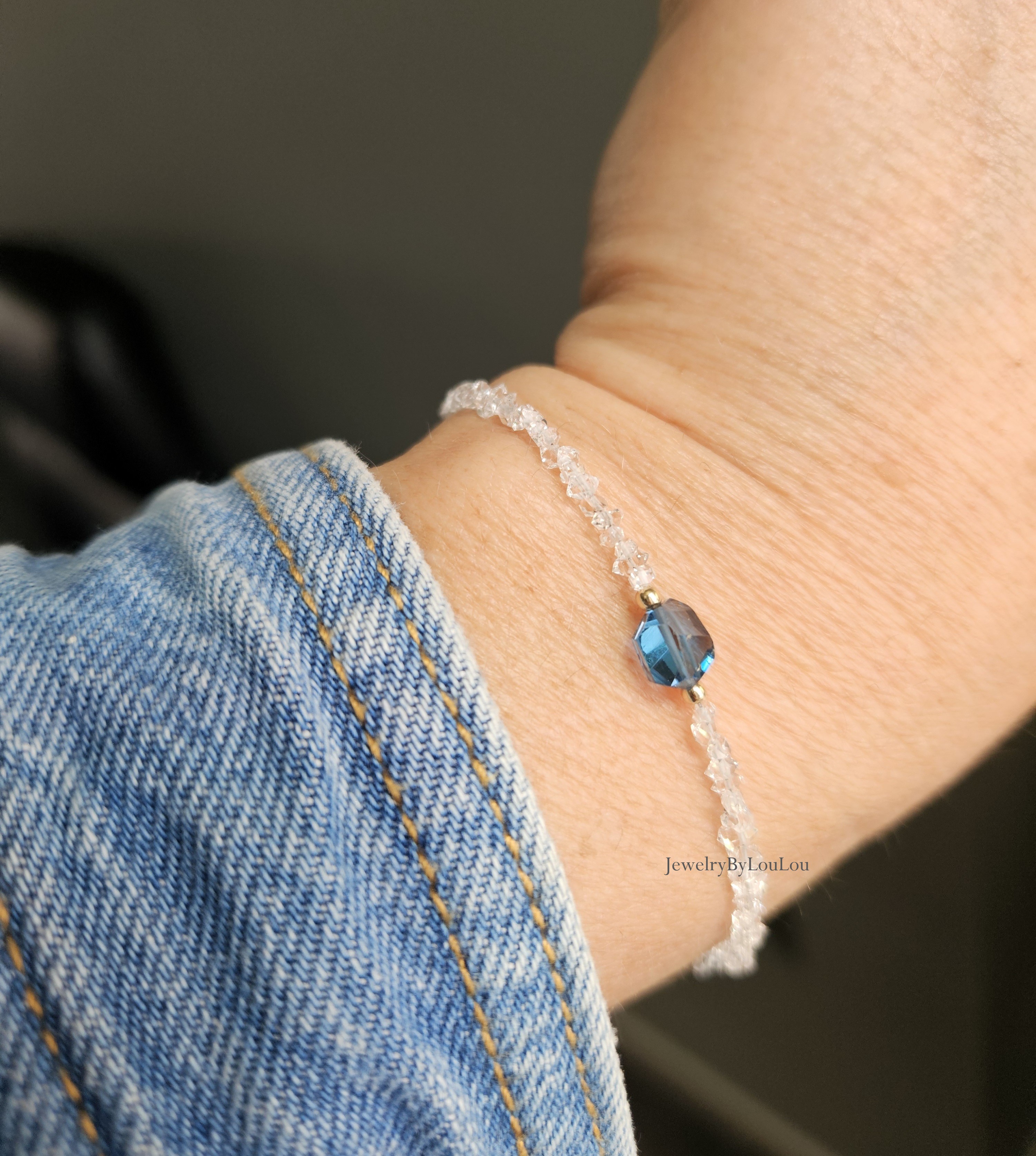 Herkimer diamanten en London Blue Topaas  kralen armband, leverbaar 14k goldfilled - 925 sterling zilver