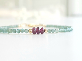 Apatite and Rhodolite Garnet beaded bracelet, 14k goldfilled & 925 sterling silver