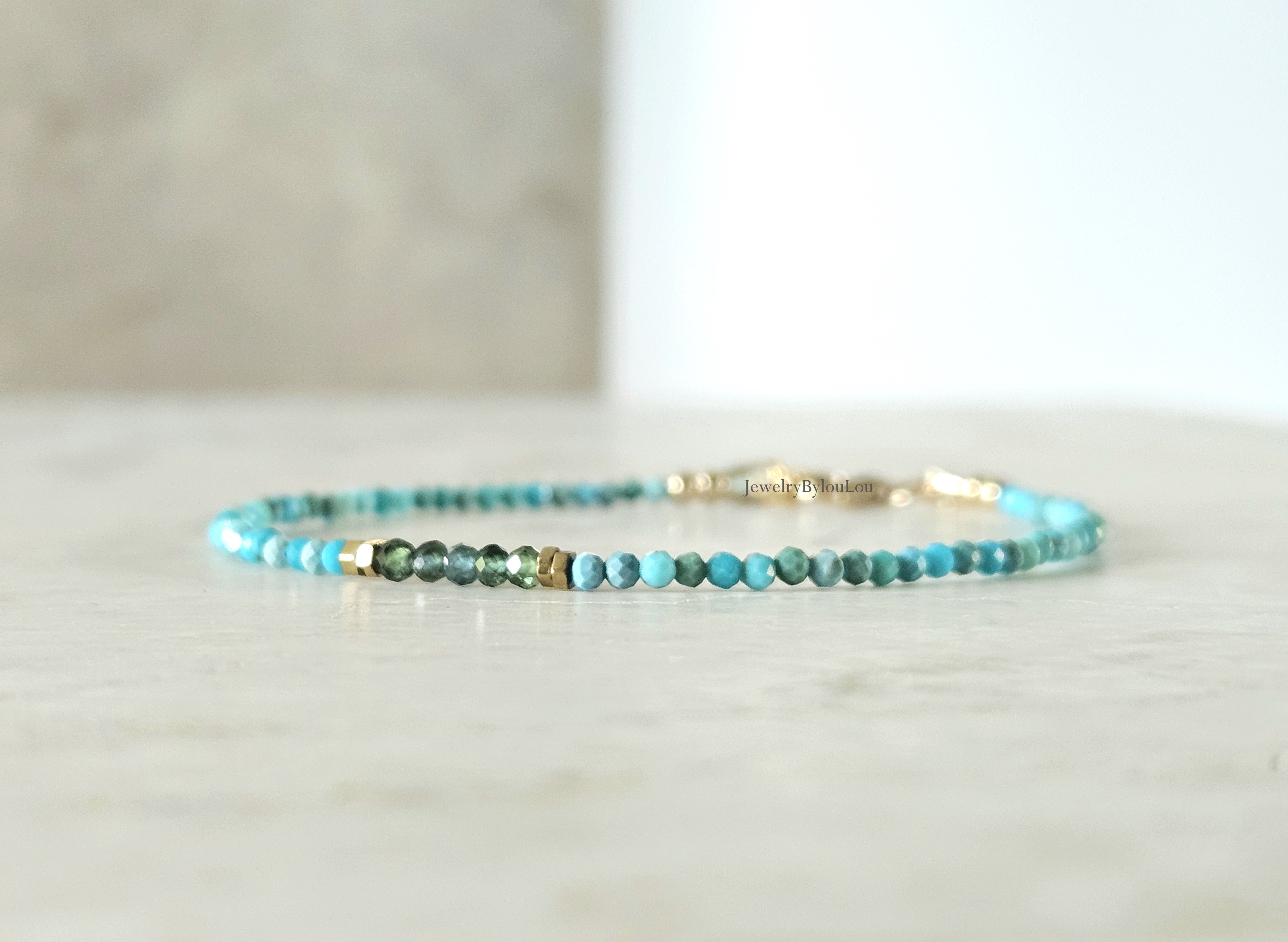 Arizona Turquoise en groene Toermalijn edelstenen kralen armband, leverbaar 14k goldfilled - 925 sterling zilver
