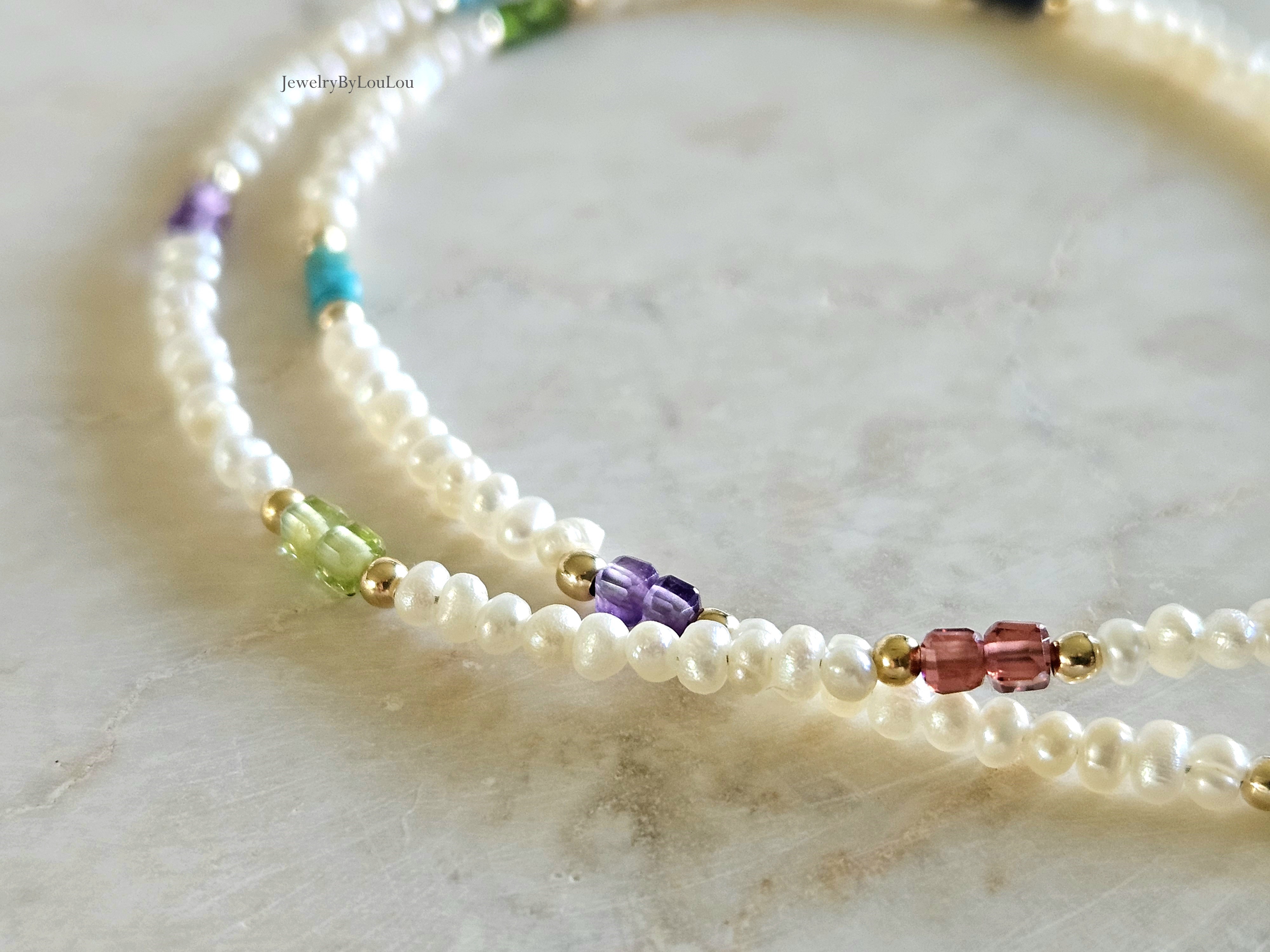 Zoetwaterparels en Edelstenen kralen ketting, 14k goldfilled - 925 sterling zilver