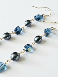 Peacock zoetwaterparel en London Blue Topaas oorbellen, 14k goldfilled - 925 sterling zilver