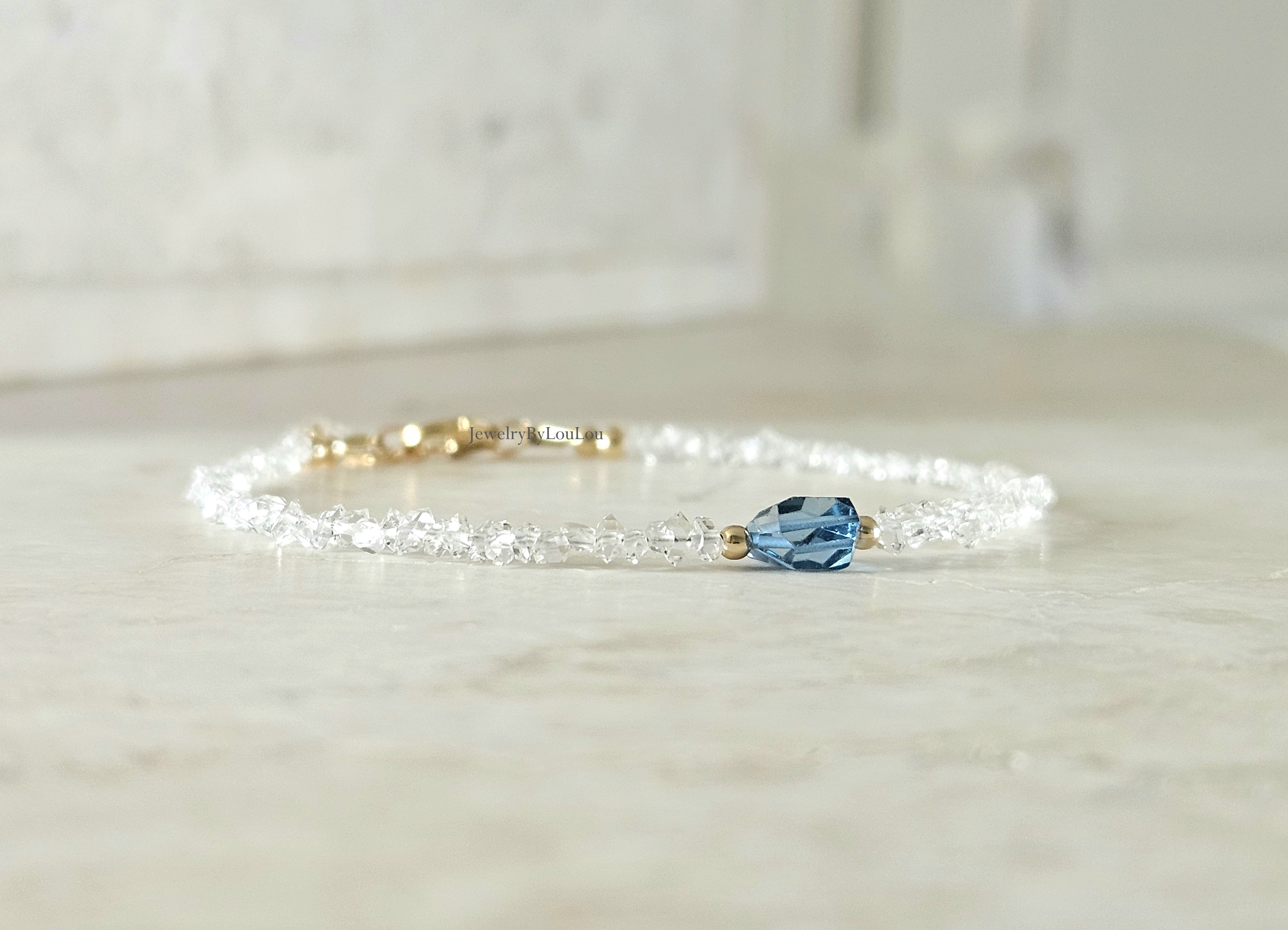 Herkimer diamanten en London Blue Topaas  kralen armband, leverbaar 14k goldfilled - 925 sterling zilver