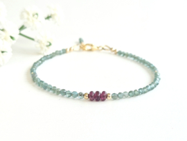 Apatite and Rhodolite Garnet beaded bracelet, 14k goldfilled & 925 sterling silver