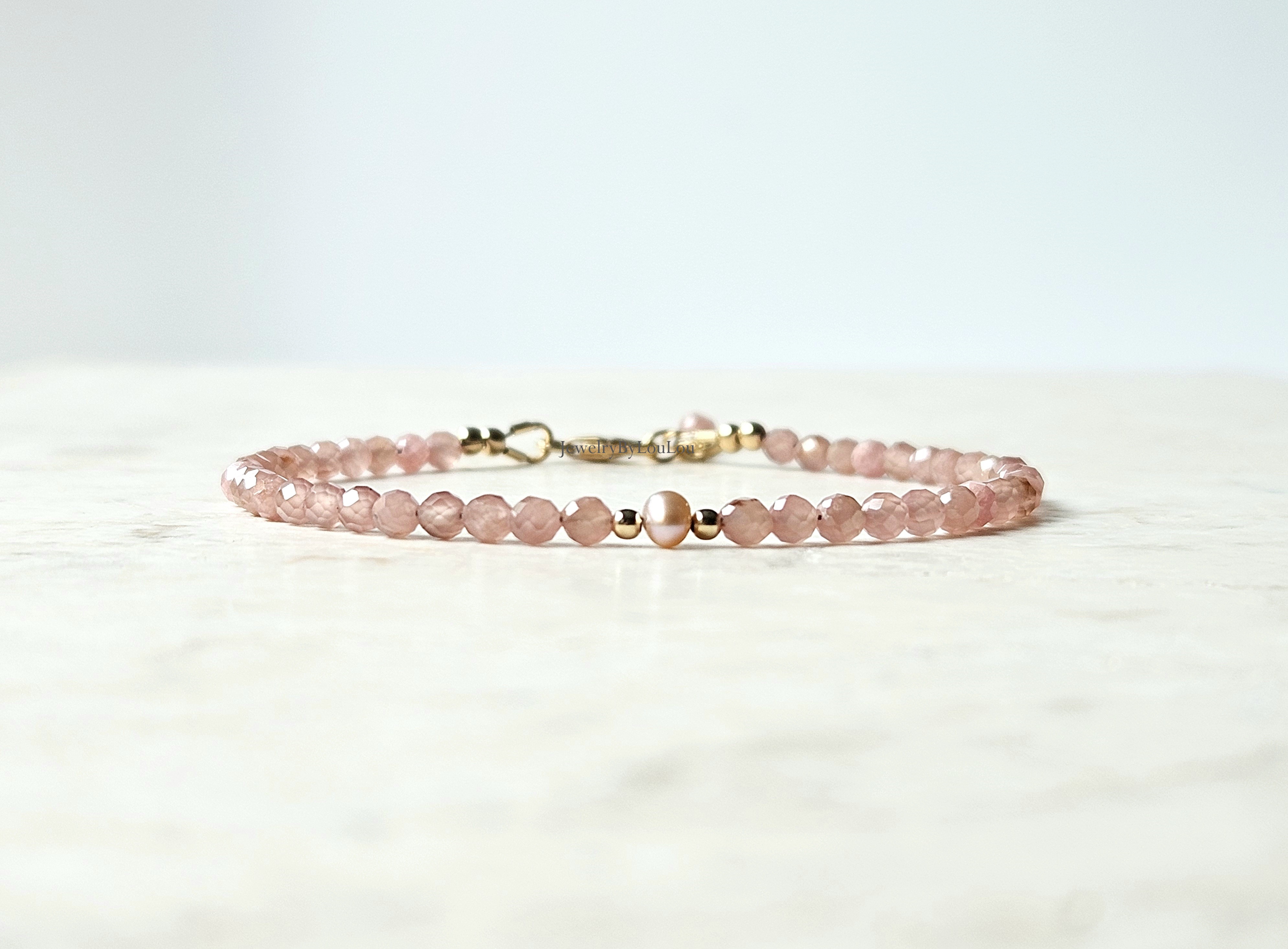 Rhodochrosiet en zoetwaterparel kralen armband, 14k goldfilled & 925 sterling zilver