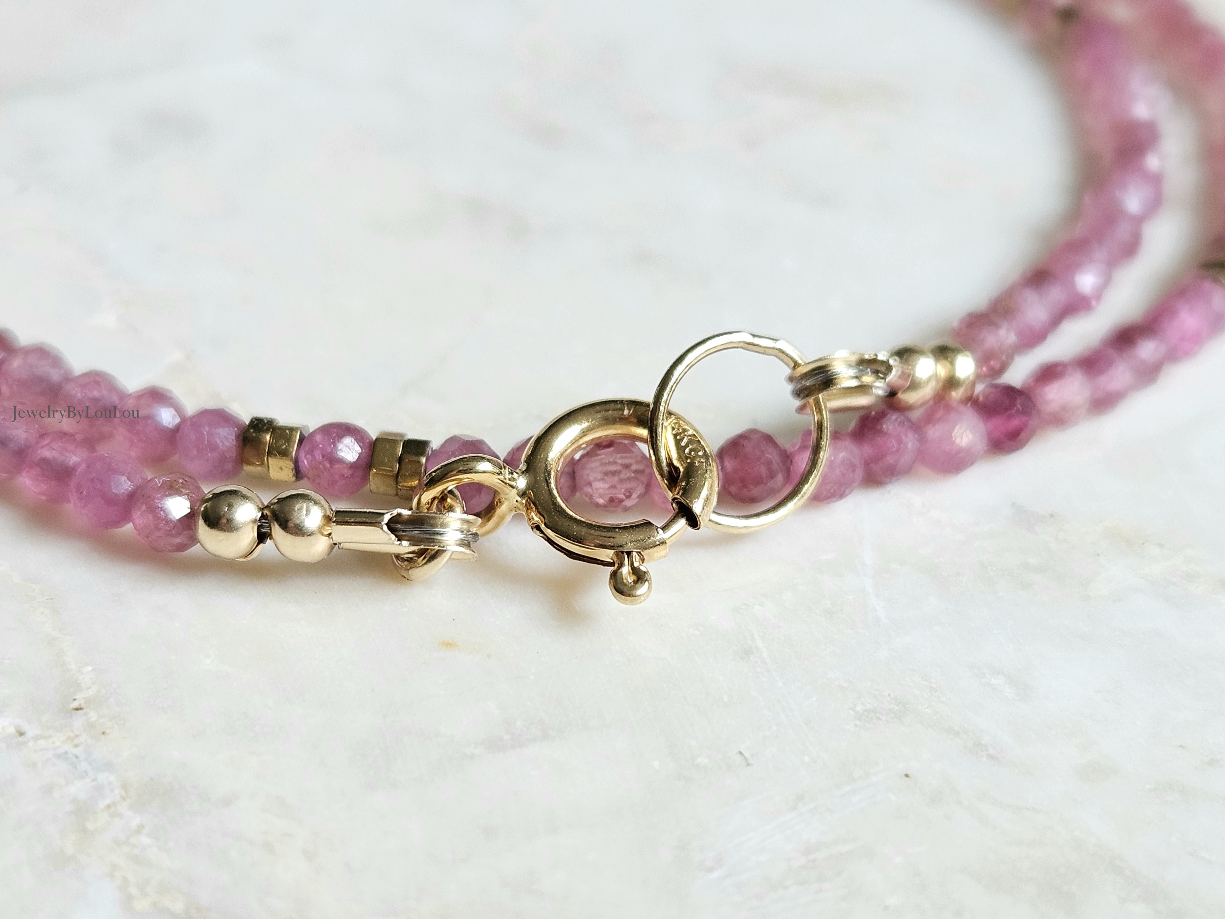Pink Tourmaline beaded necklace, 14k goldfilled - 925 sterling silver