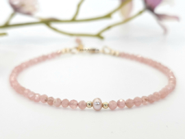 Rhodochrosiet en zoetwaterparel kralen armband, 14k goldfilled & 925 sterling zilver