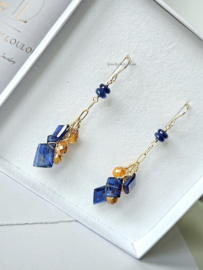 Kyaniet en Citrien cluster oorbellen, 14k goldfilled - 925 sterling zilver