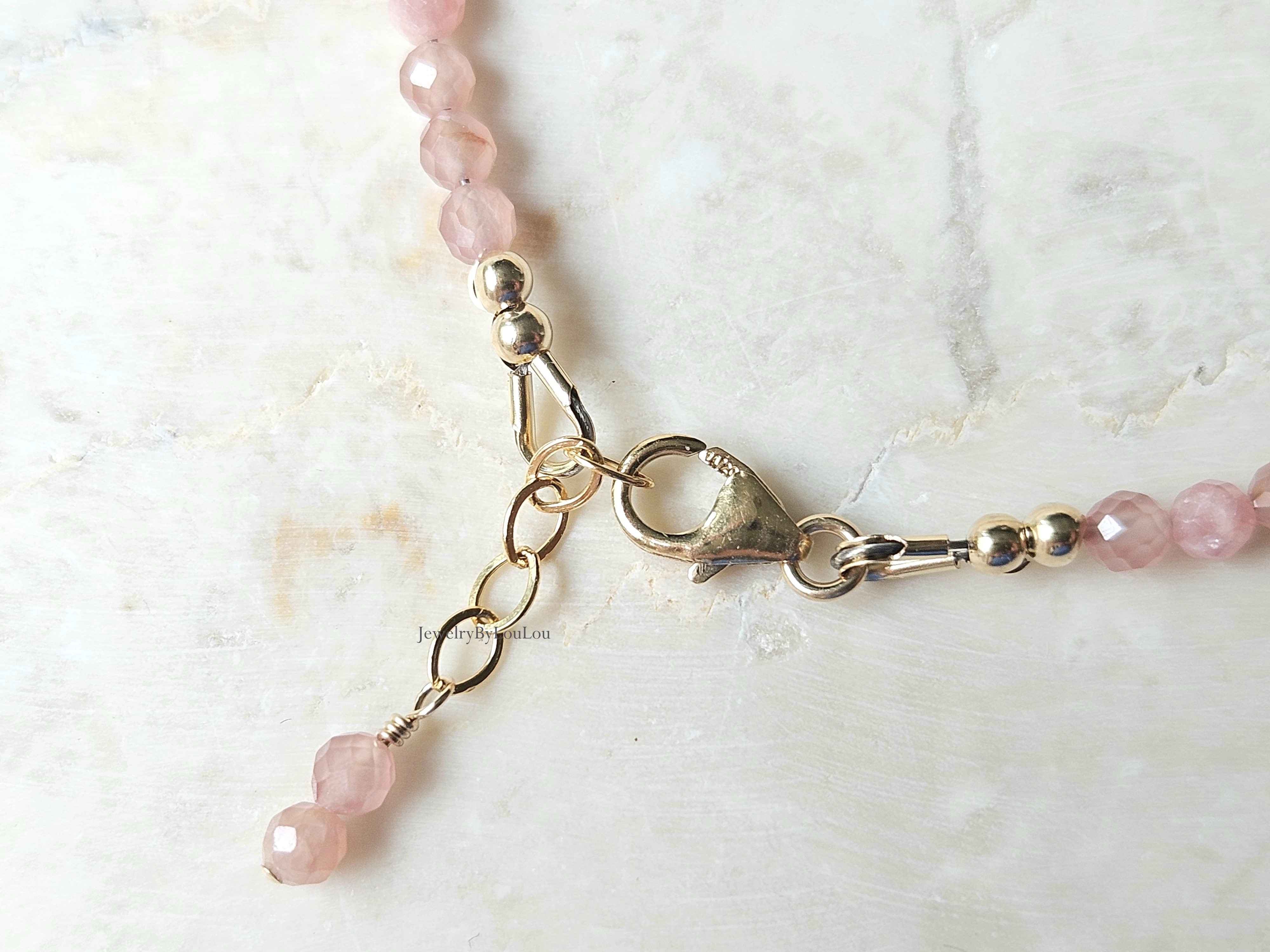 Rhodochrosiet en zoetwaterparel kralen armband, 14k goldfilled & 925 sterling zilver