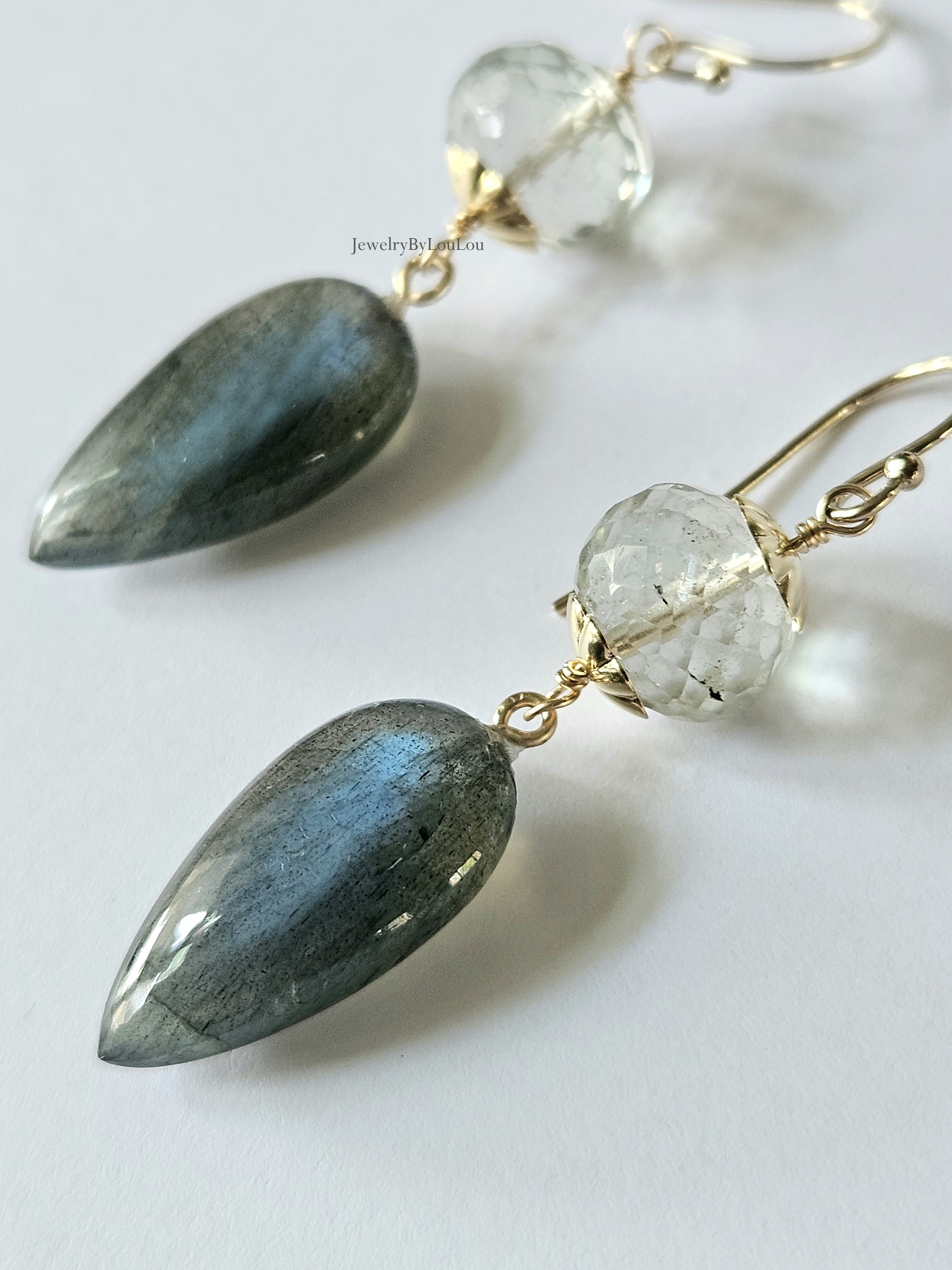 Labradoriet en groene Amethist  oorbellen  14k goldfilled & 925 sterling zilver