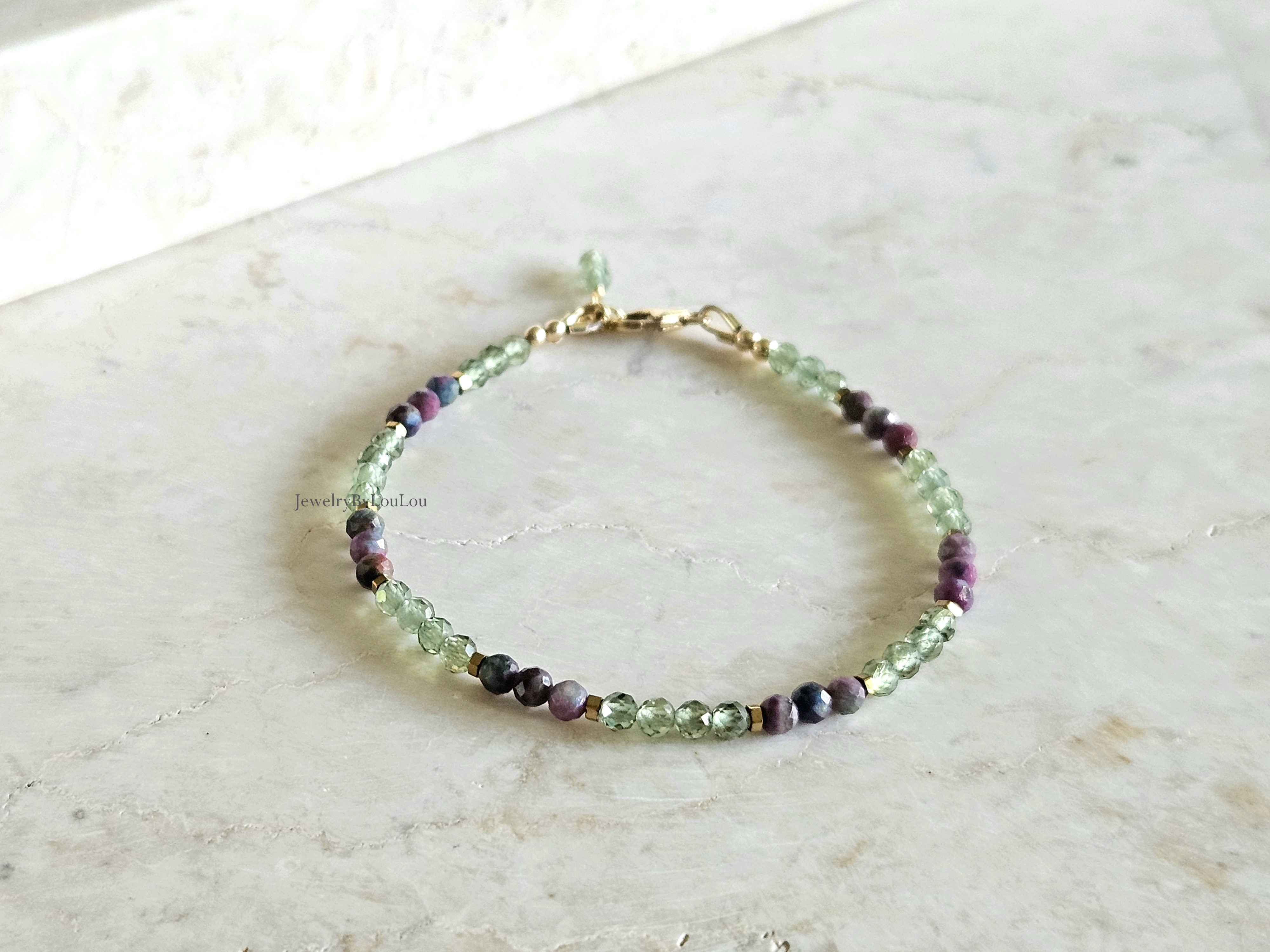 Apatiet en Robijn-Kyaniet Fuchsiet edelstenen kralen armband  14k goldfilled - 925 sterling zilver
