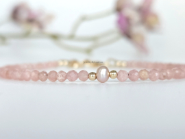 Rhodochrosiet en zoetwaterparel kralen armband, 14k goldfilled & 925 sterling zilver