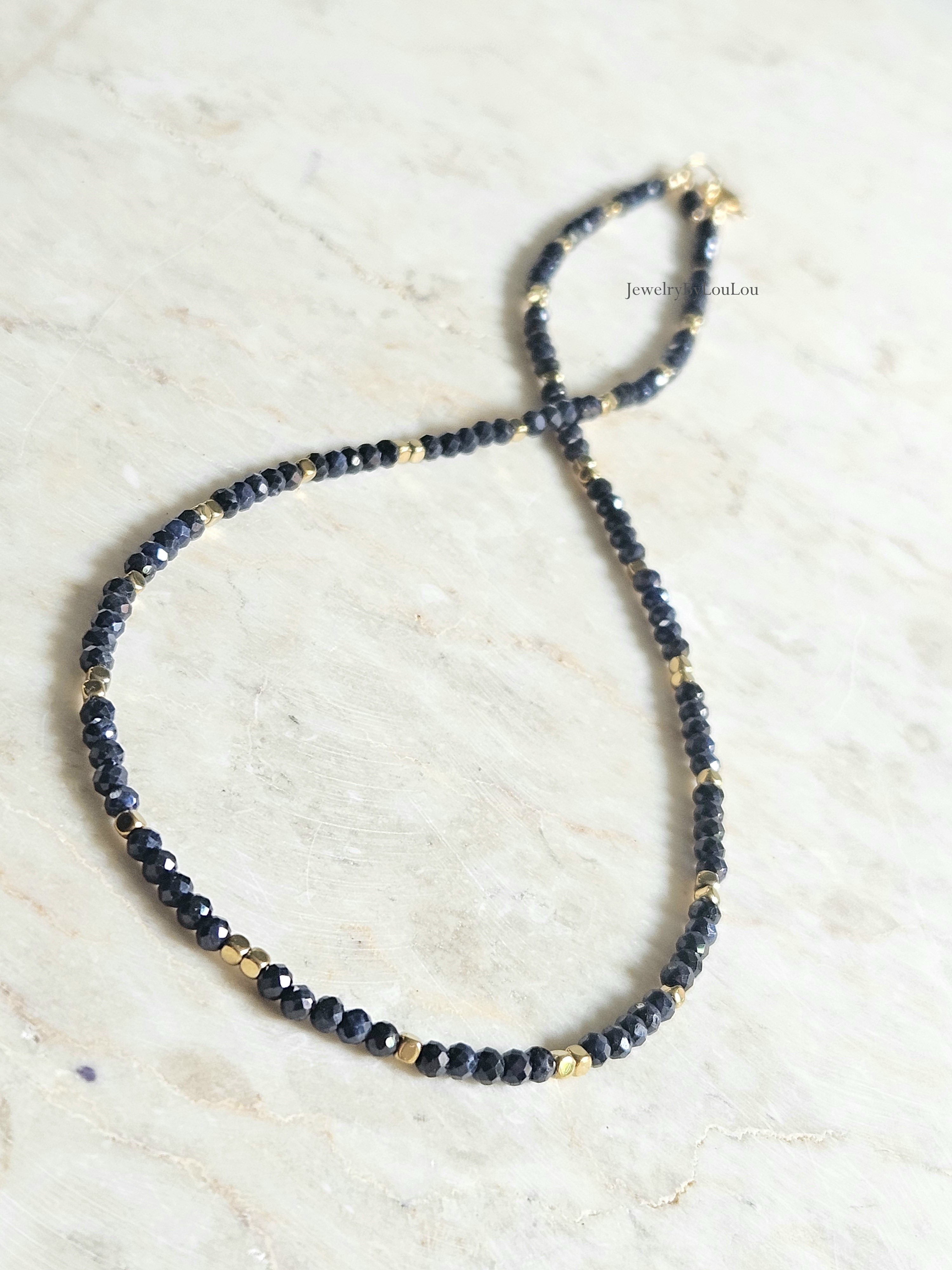 Darkblue Sapphire beaded necklace, 14k goldfilled - 925 sterling silver