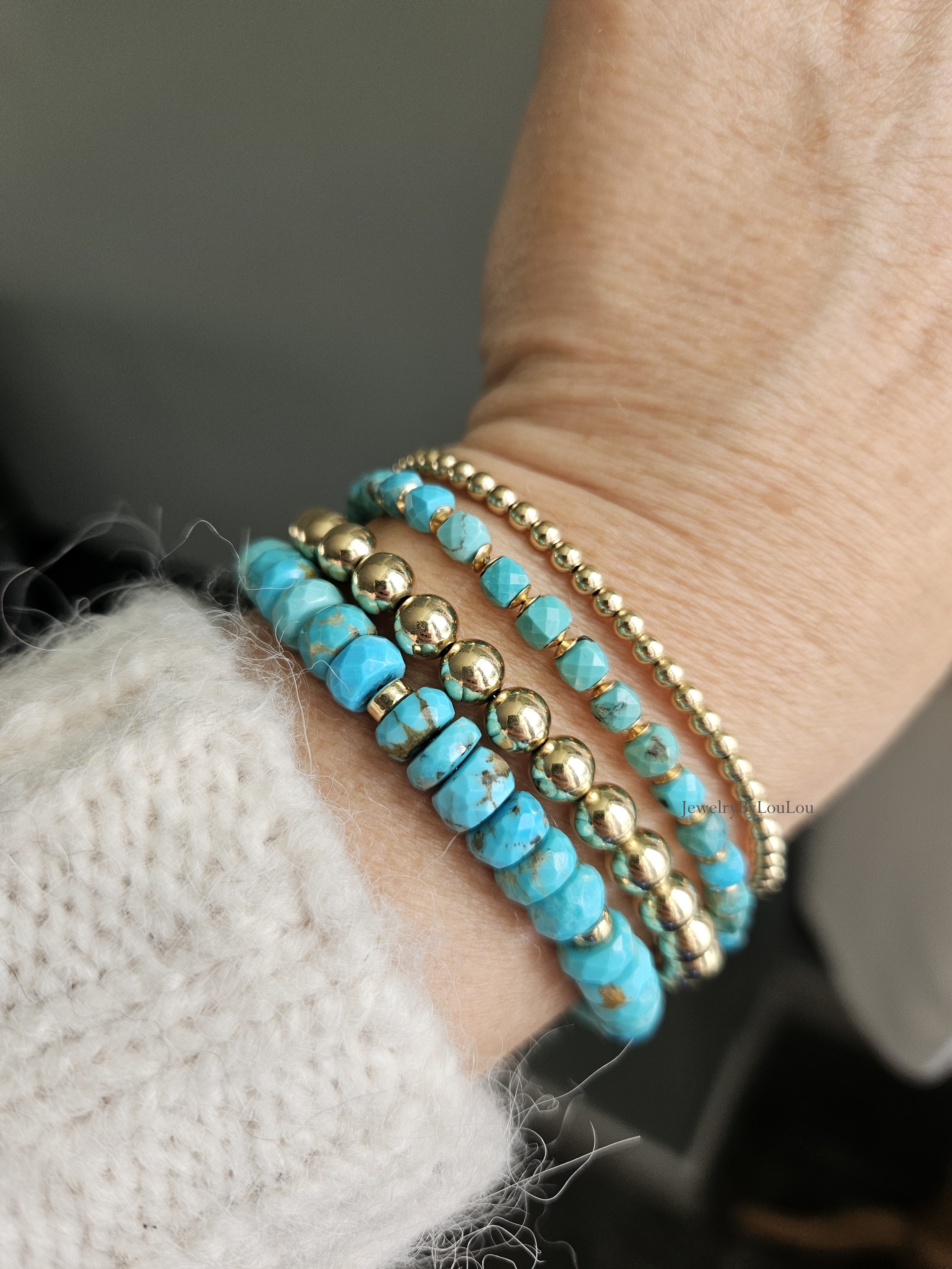 Natuurlijke Arizona Turquoise kralen armbandje, 14k goldfilled