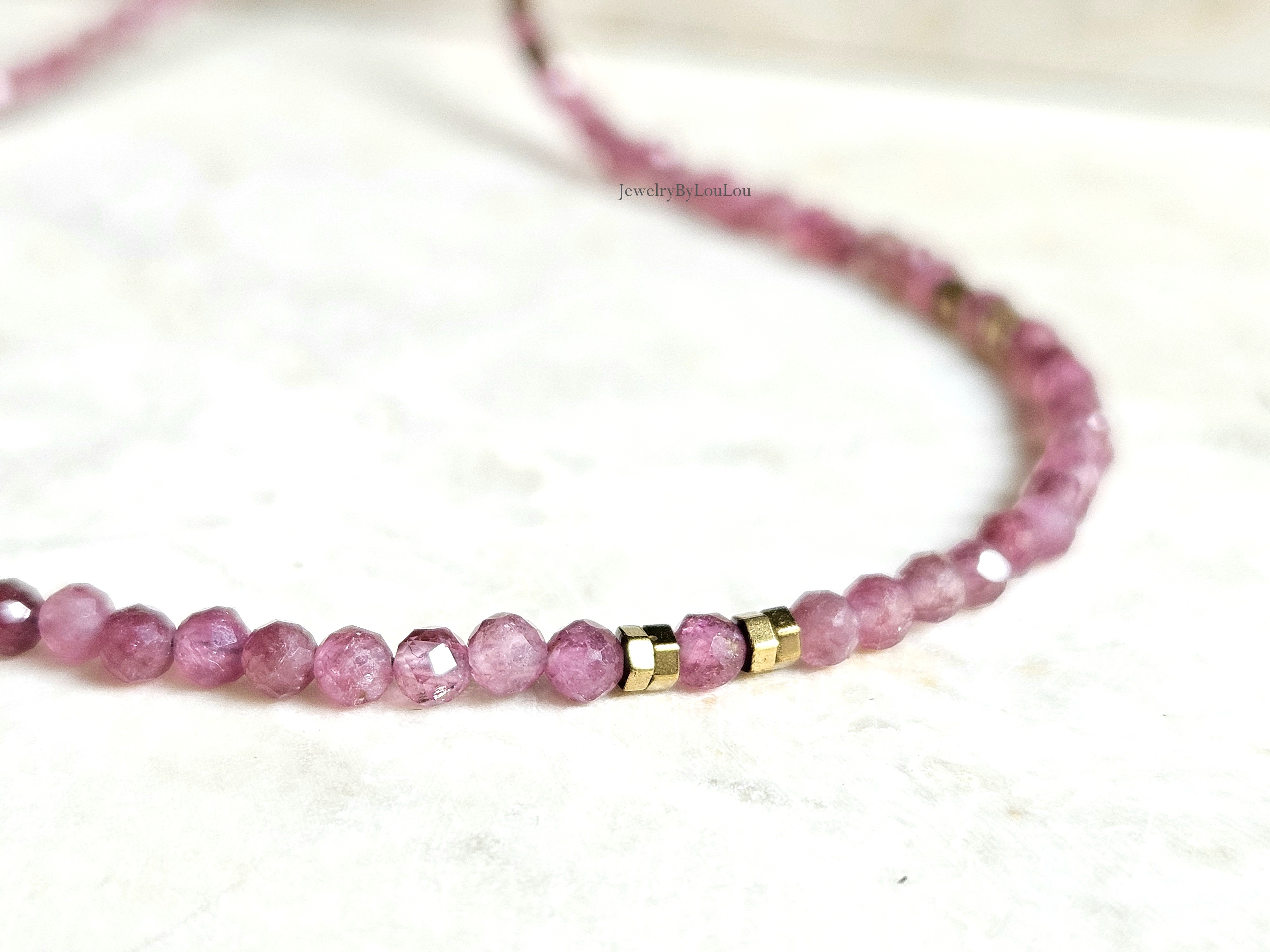 Pink Tourmaline beaded necklace, 14k goldfilled - 925 sterling silver