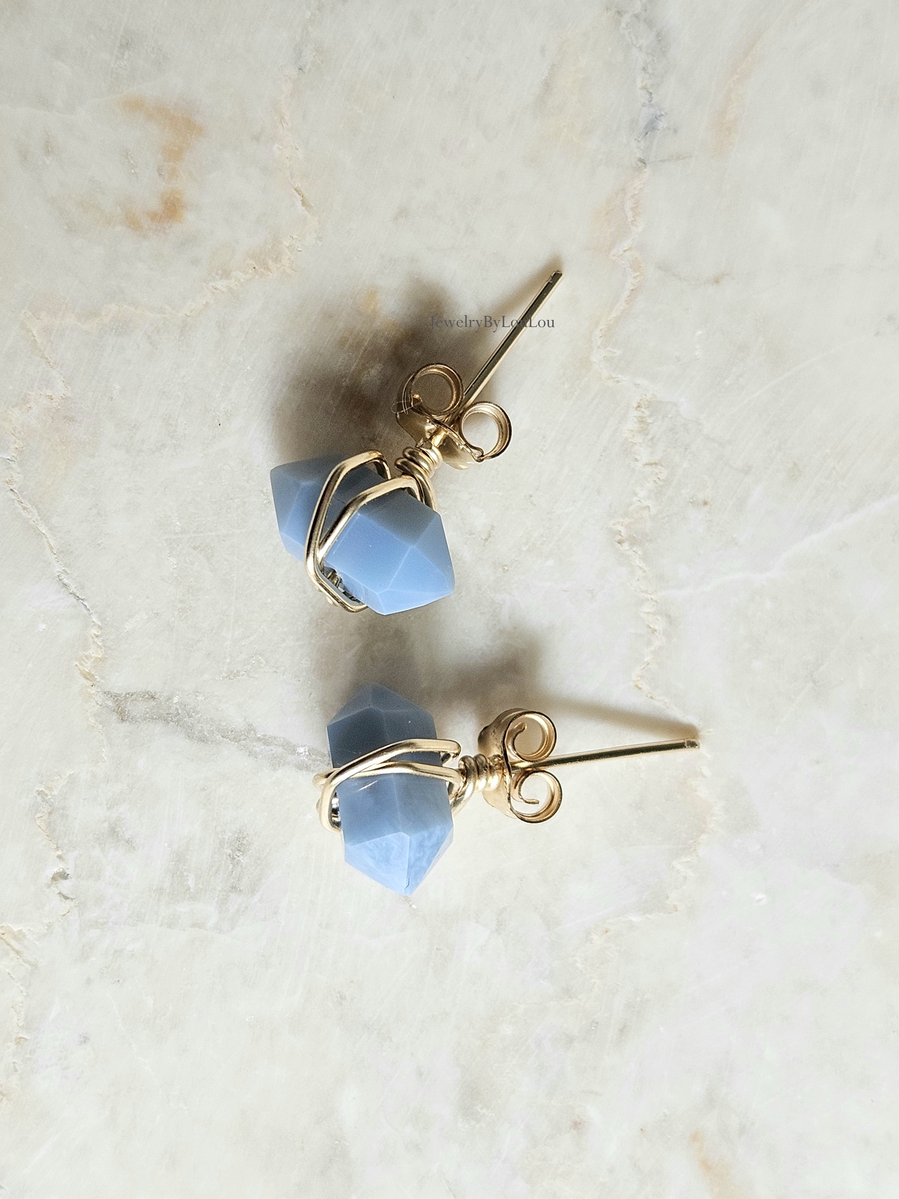 Blue Opal stud earrings  14k goldfilled & 925 sterling silver