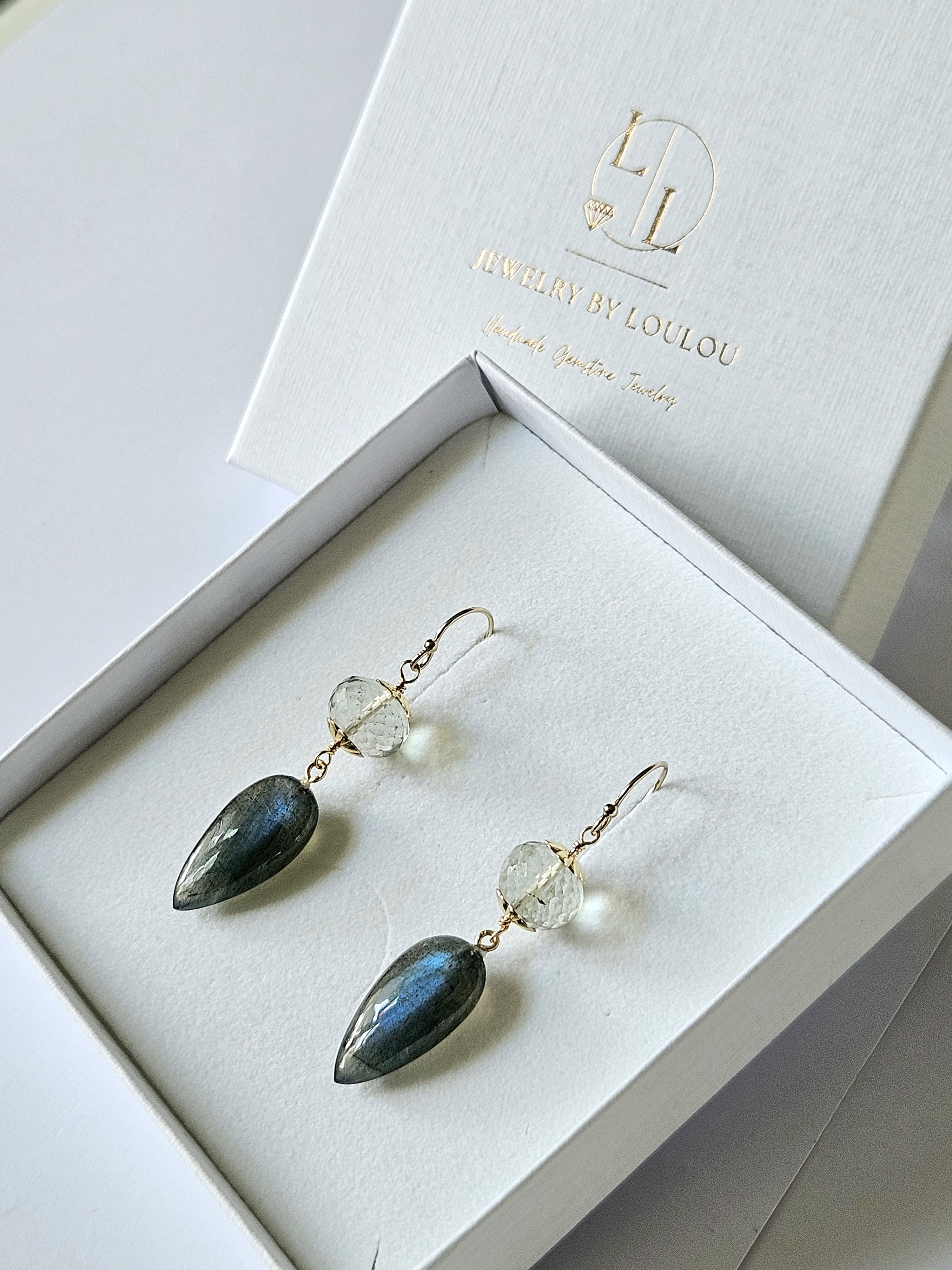 Labradoriet en groene Amethist  oorbellen  14k goldfilled & 925 sterling zilver