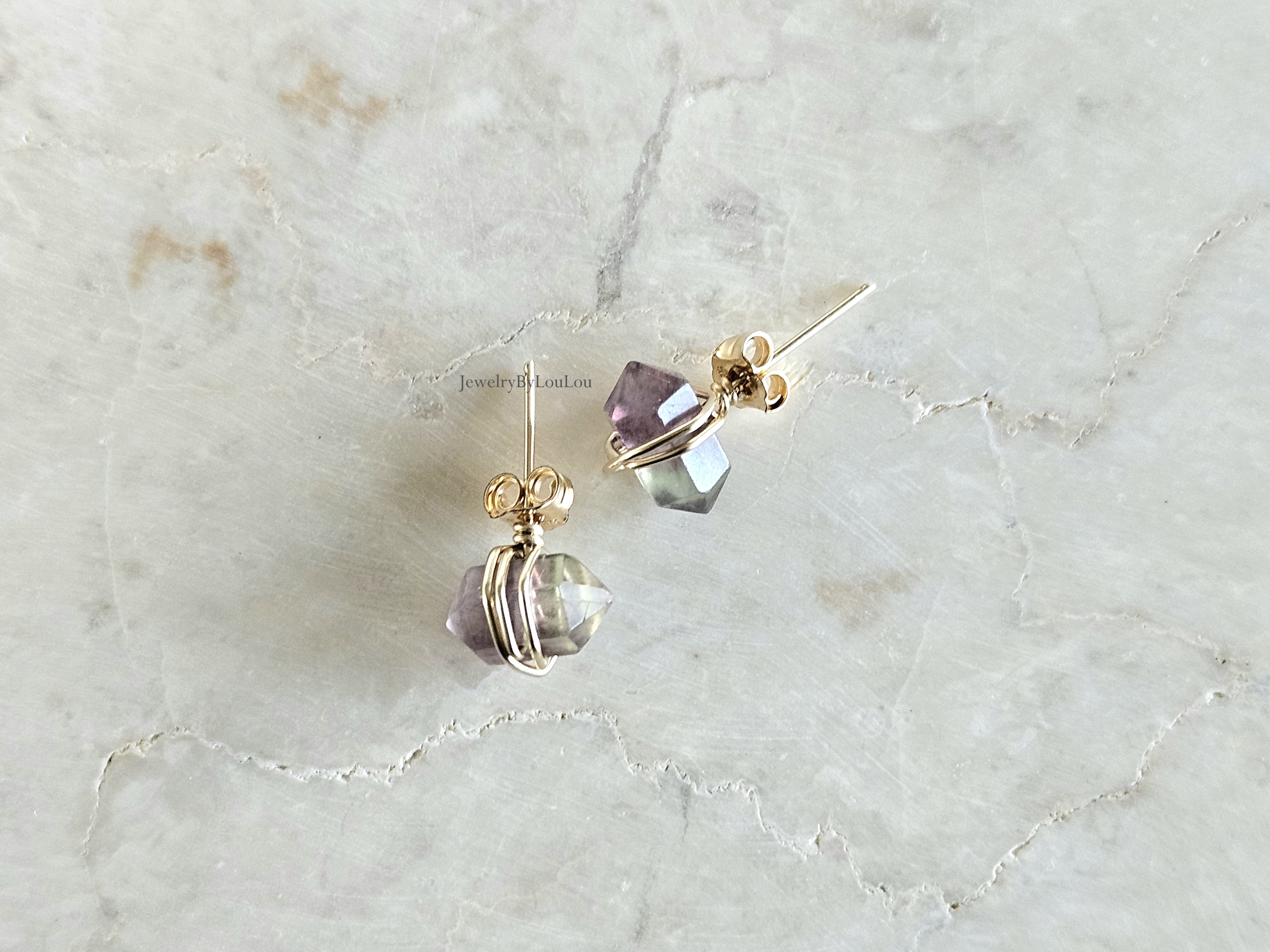 Fluoriet studs oorbellen  14k goldfilled & 925 sterling zilver