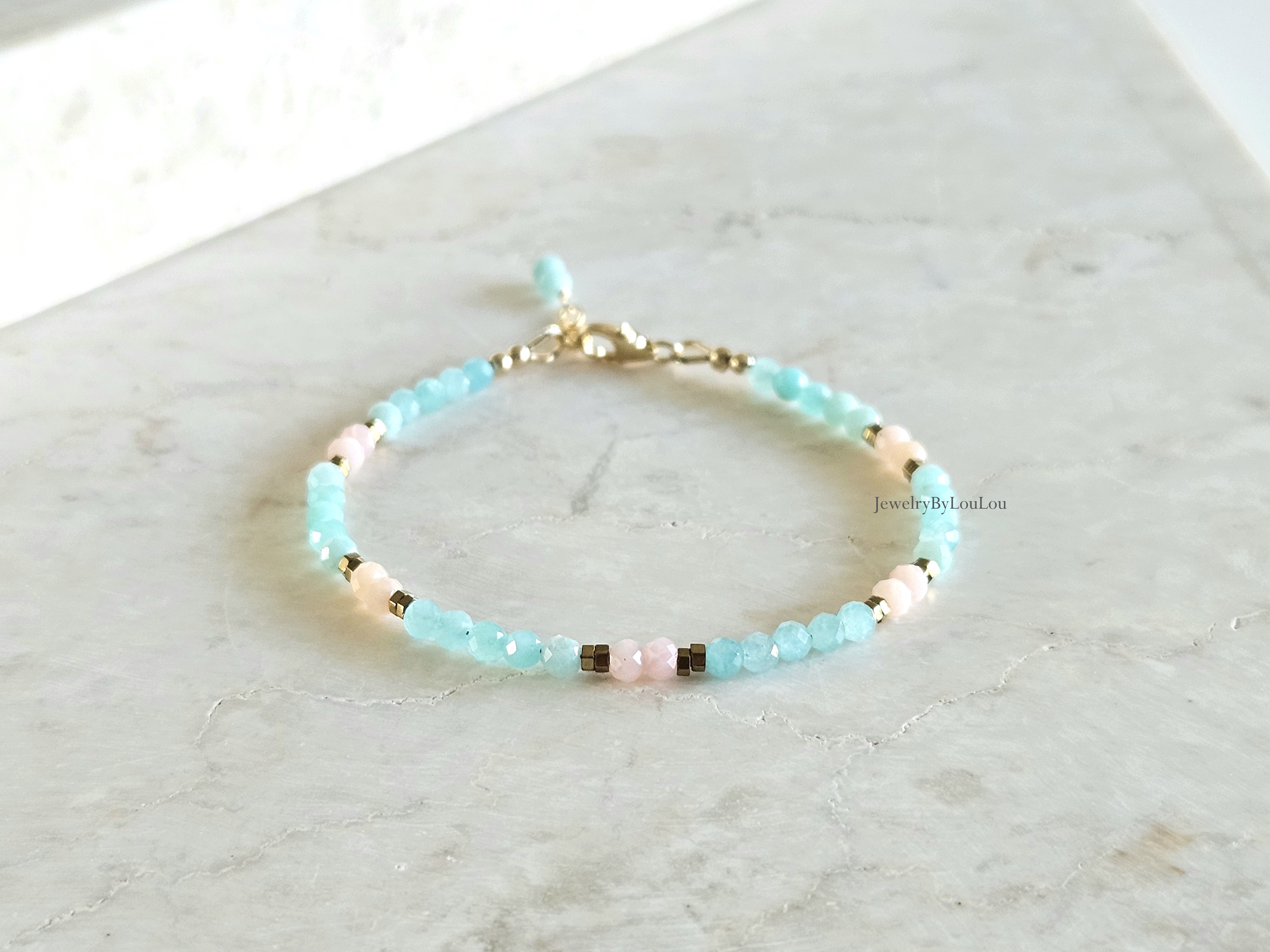Amazoniet  en roze Opaal kralen armband, 14k goldfilled - 925 sterling zilver