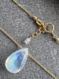 Fijn kettinkje met maansteen druppel, 14k goldfilled & 925 sterling zilver