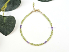 Peridot and Amethyst gemstone beaded bracelet, 14k goldfilled & 925 sterling silver