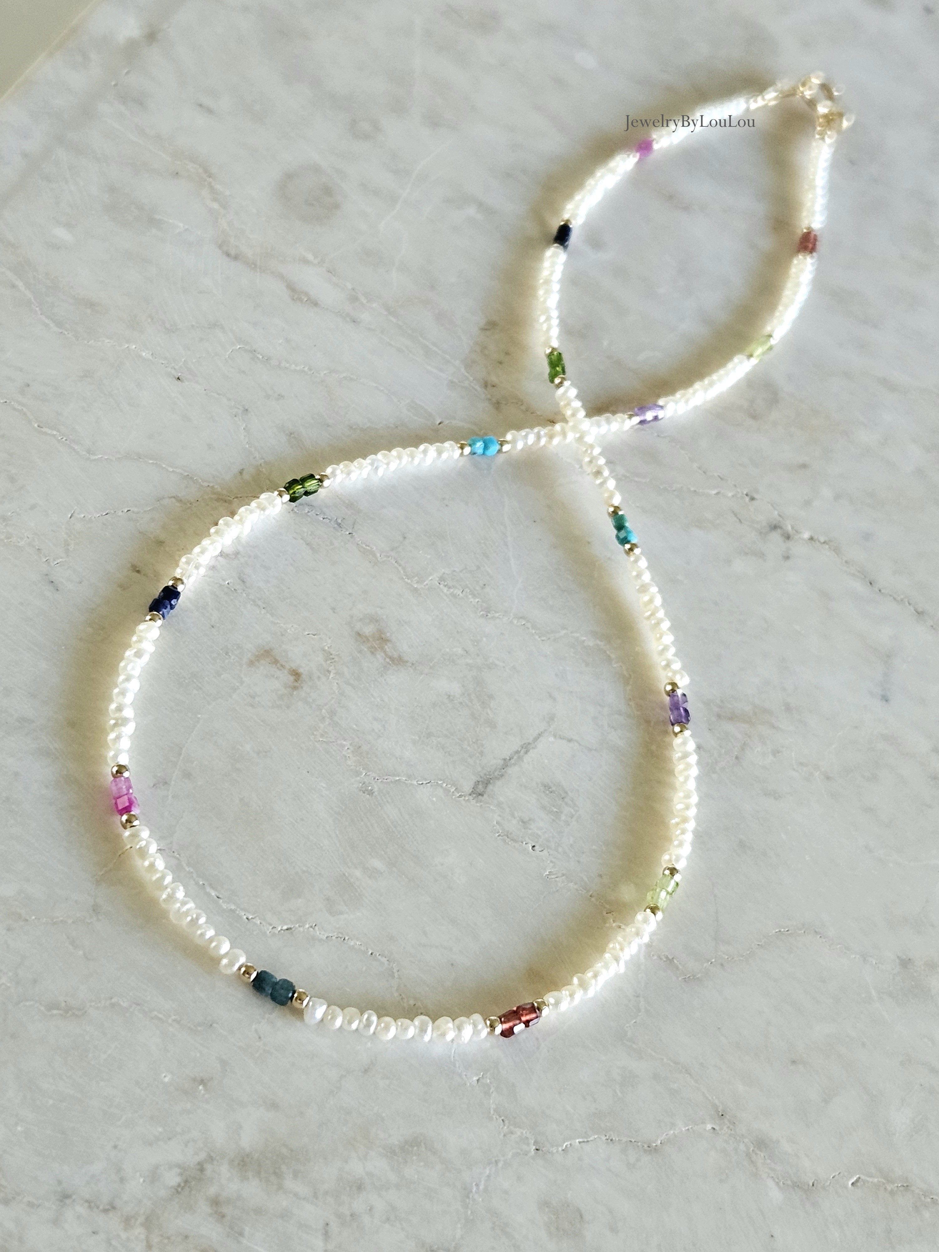 Zoetwaterparels en Edelstenen kralen ketting, 14k goldfilled - 925 sterling zilver