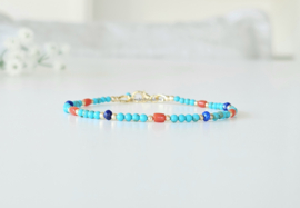 Turquoise, koraal en Lapis Lazuli kralen armband, 14k goldfilled - 925 sterling zilver