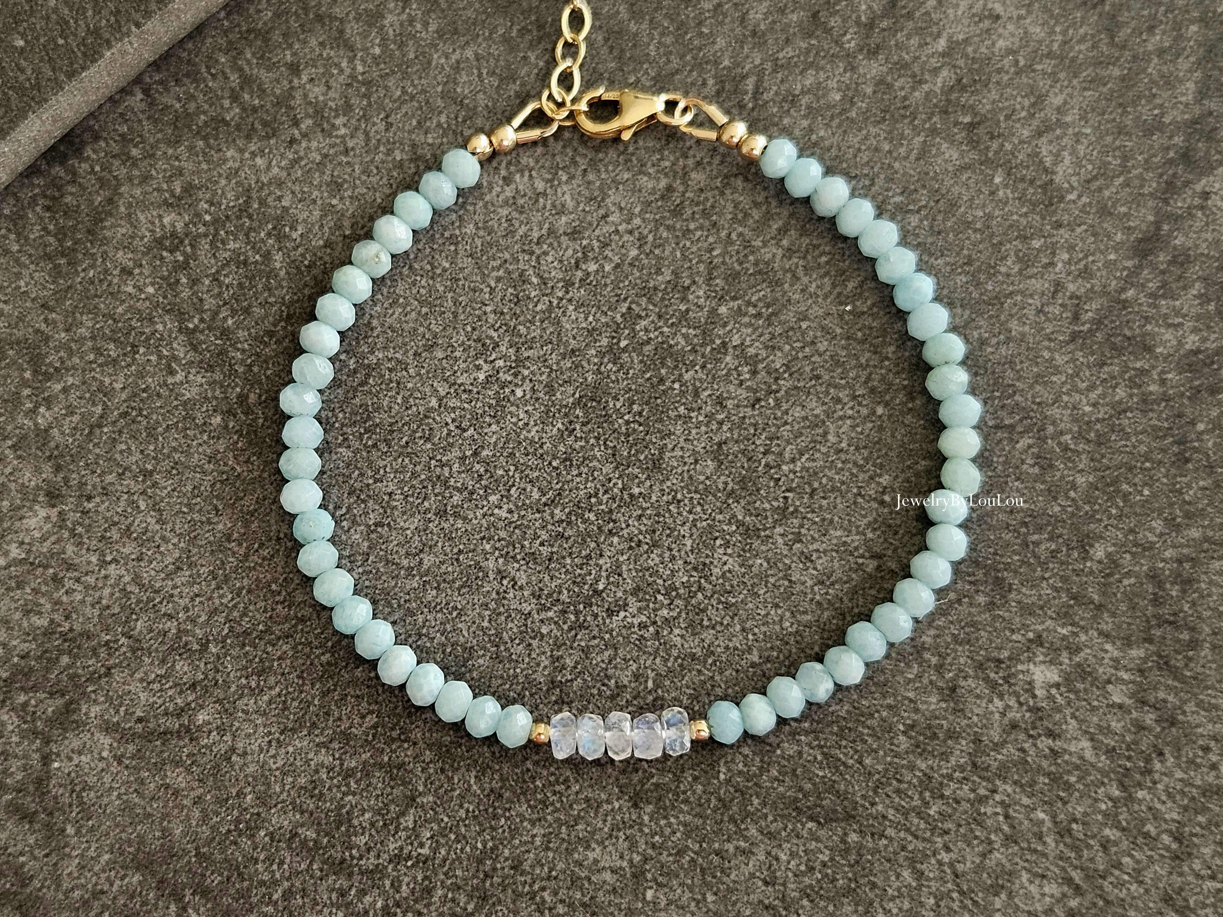 Larimar  en Maansteen kralen armband, 14k goldfilled & 925 sterling zilver