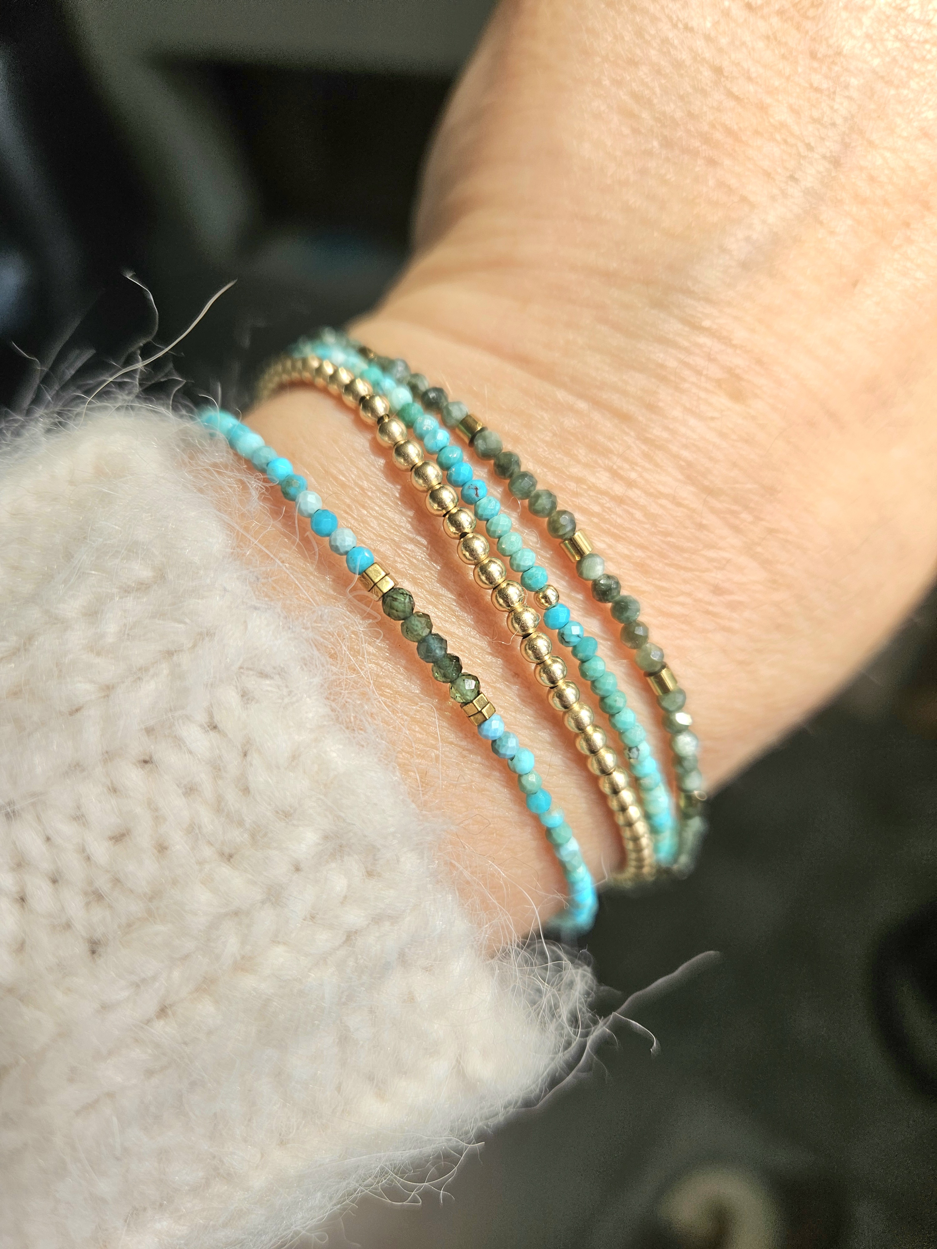 Arizona Turquoise en groene Toermalijn edelstenen kralen armband, leverbaar 14k goldfilled - 925 sterling zilver