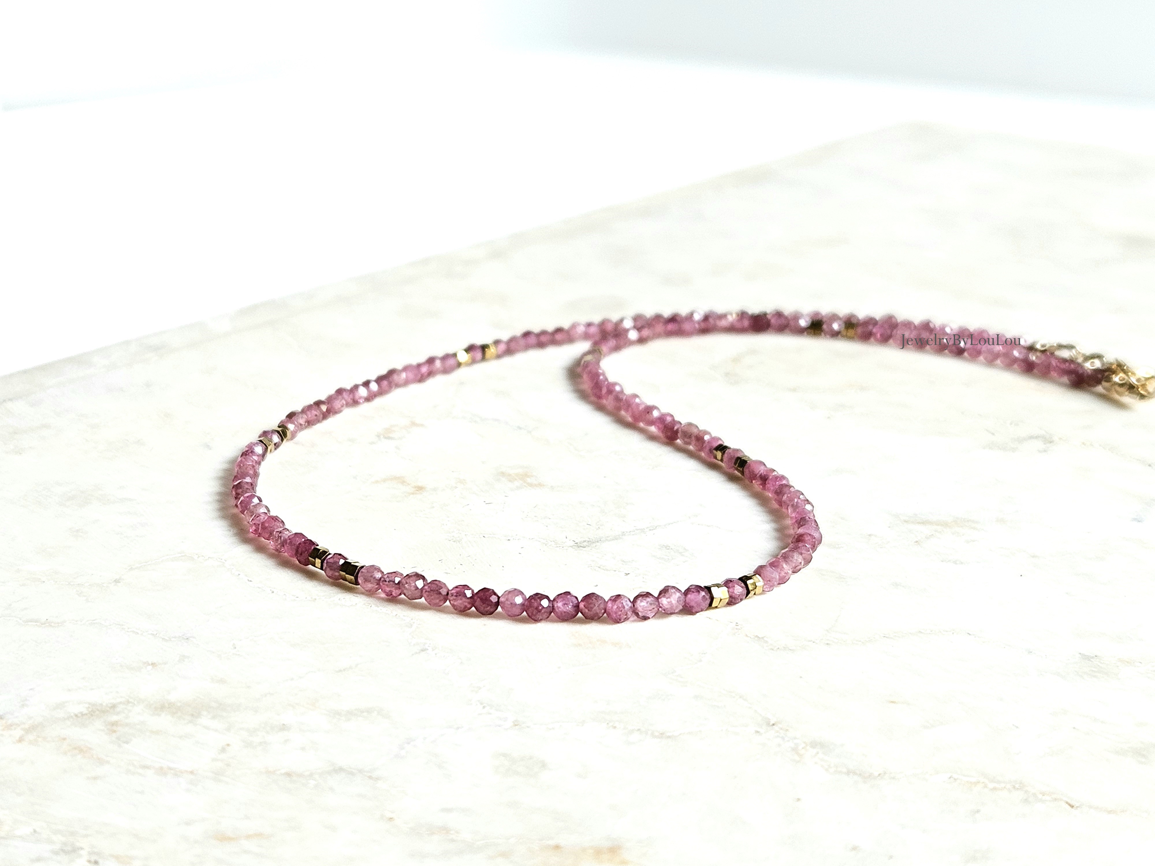 Pink Tourmaline beaded necklace, 14k goldfilled - 925 sterling silver