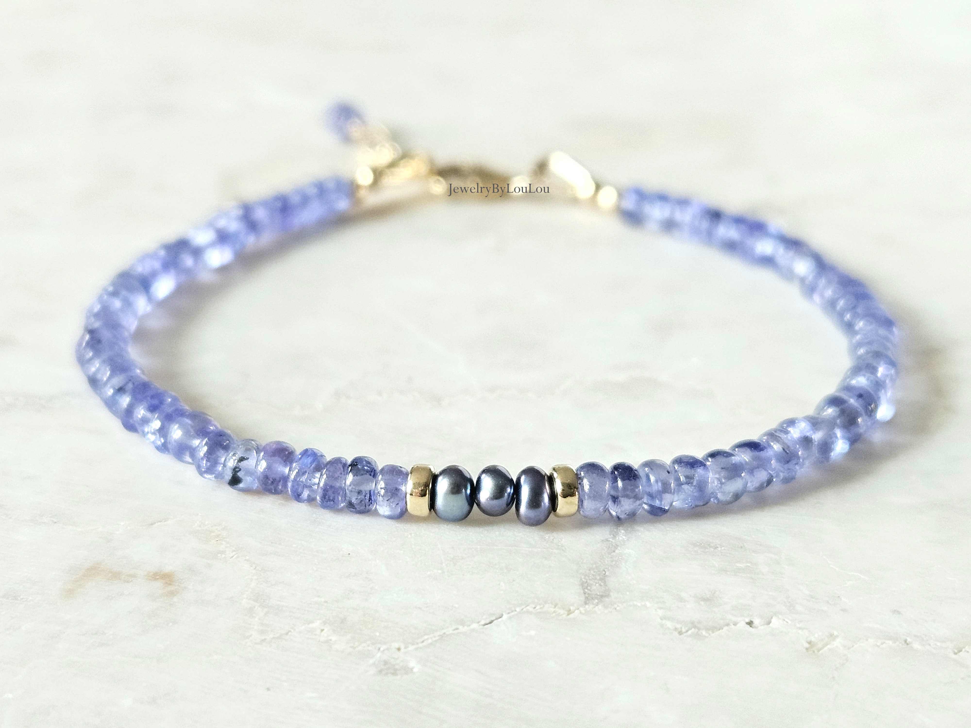 Tanzanite and Peacock freshwaterpearl beaded bracelet, 14k goldfilled - 925 sterling silver