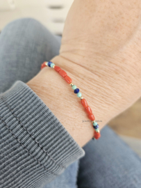 Red Deep Sea Coral, Lapis Lazuli and Turquoise beaded bracelet, 14k Goldfilled - 925 Sterling Silver