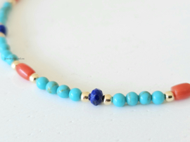 Turquoise, koraal en Lapis Lazuli kralen armband, 14k goldfilled - 925 sterling zilver