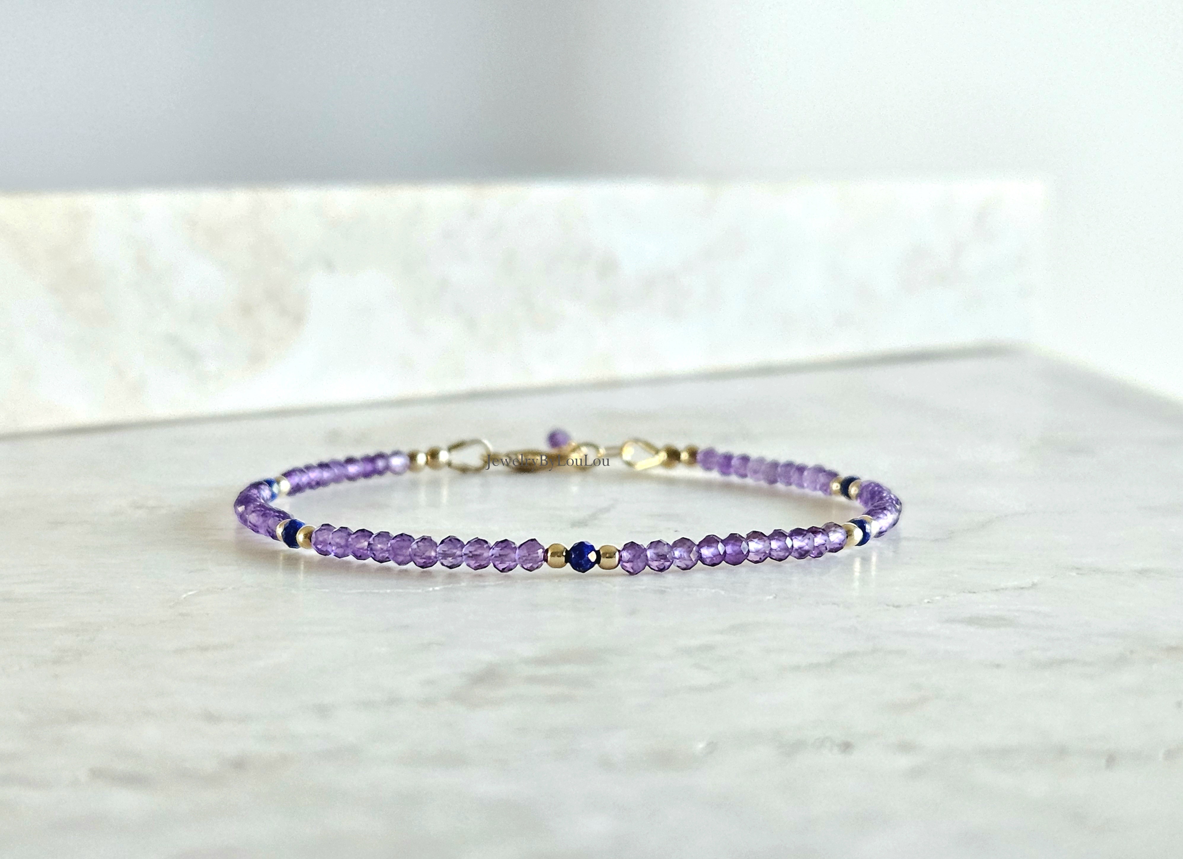 Amethist & Lapis Lazuli edelstenen kralen armband, leverbaar 14k goldfilled - 925 sterling zilver