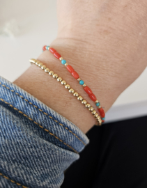 Rode diepzee Koraal en Turquoise kralen armband, 14k goldfilled - 925 sterling zilver
