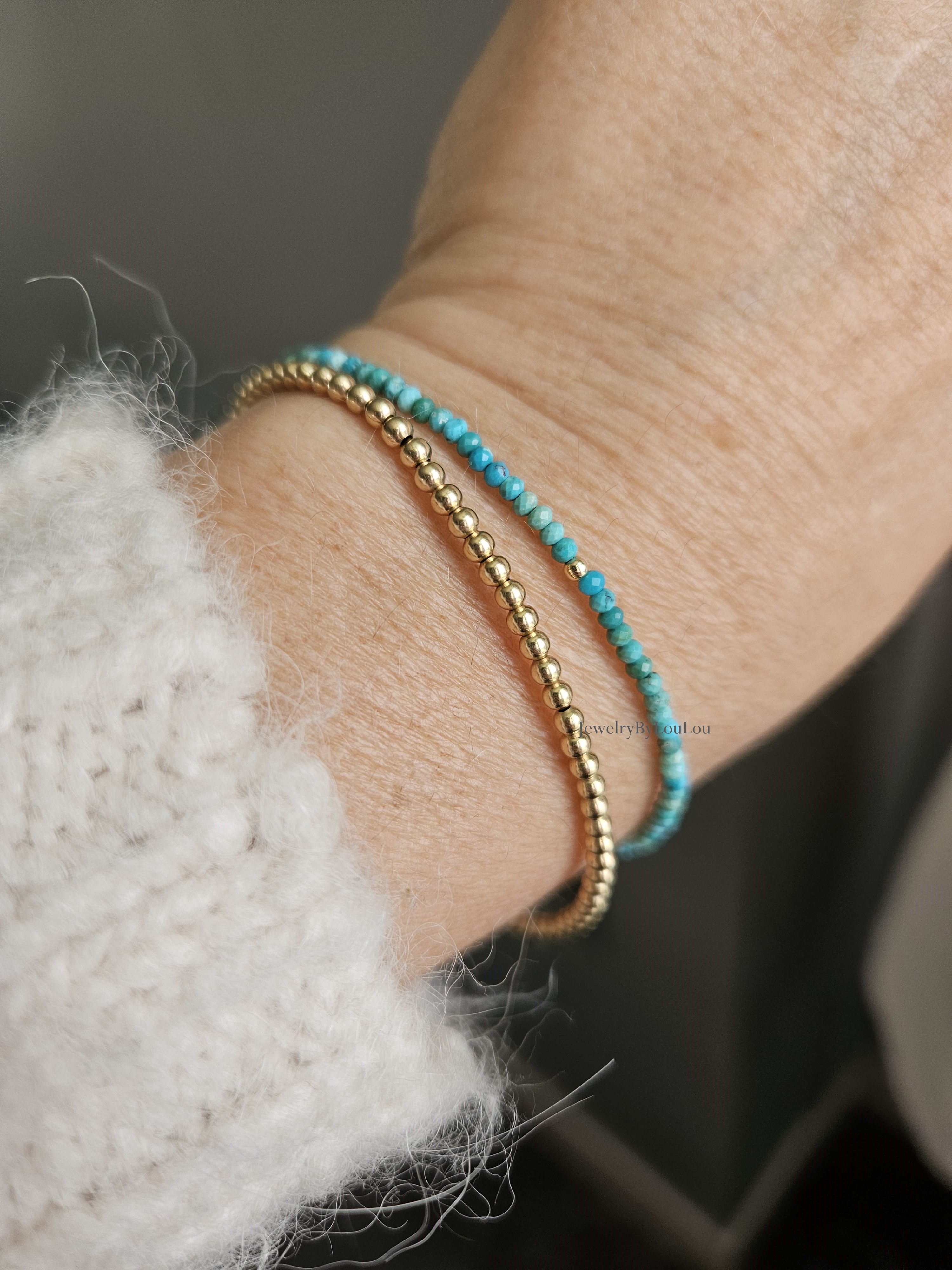 Natuurlijke AAA Arizona Turquoise kralen armbandje, 14k goldfilled - 925 sterling zilver